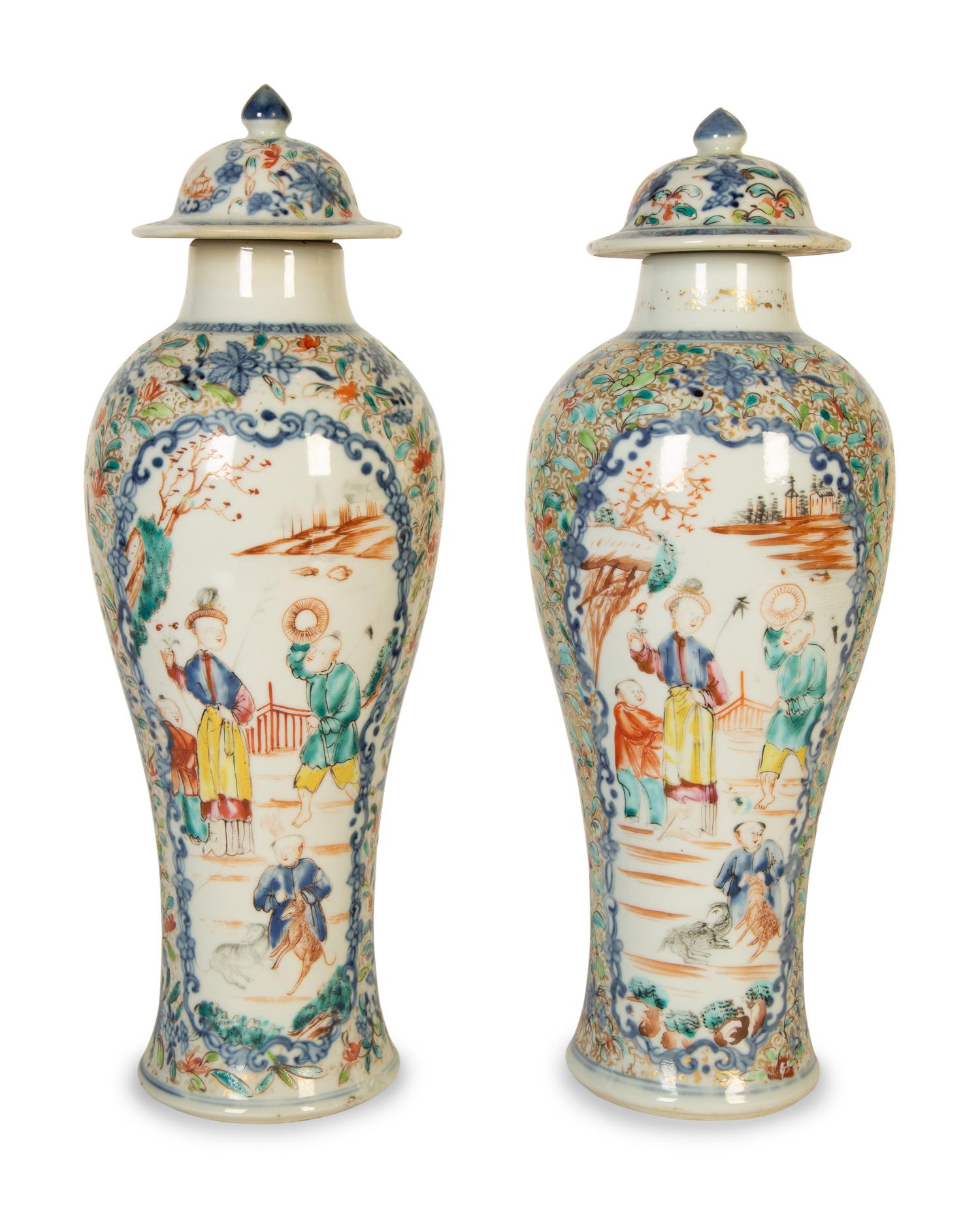 A Pair of Chinese Export Famille Rose Porcelain Covered Urns — 19th Century