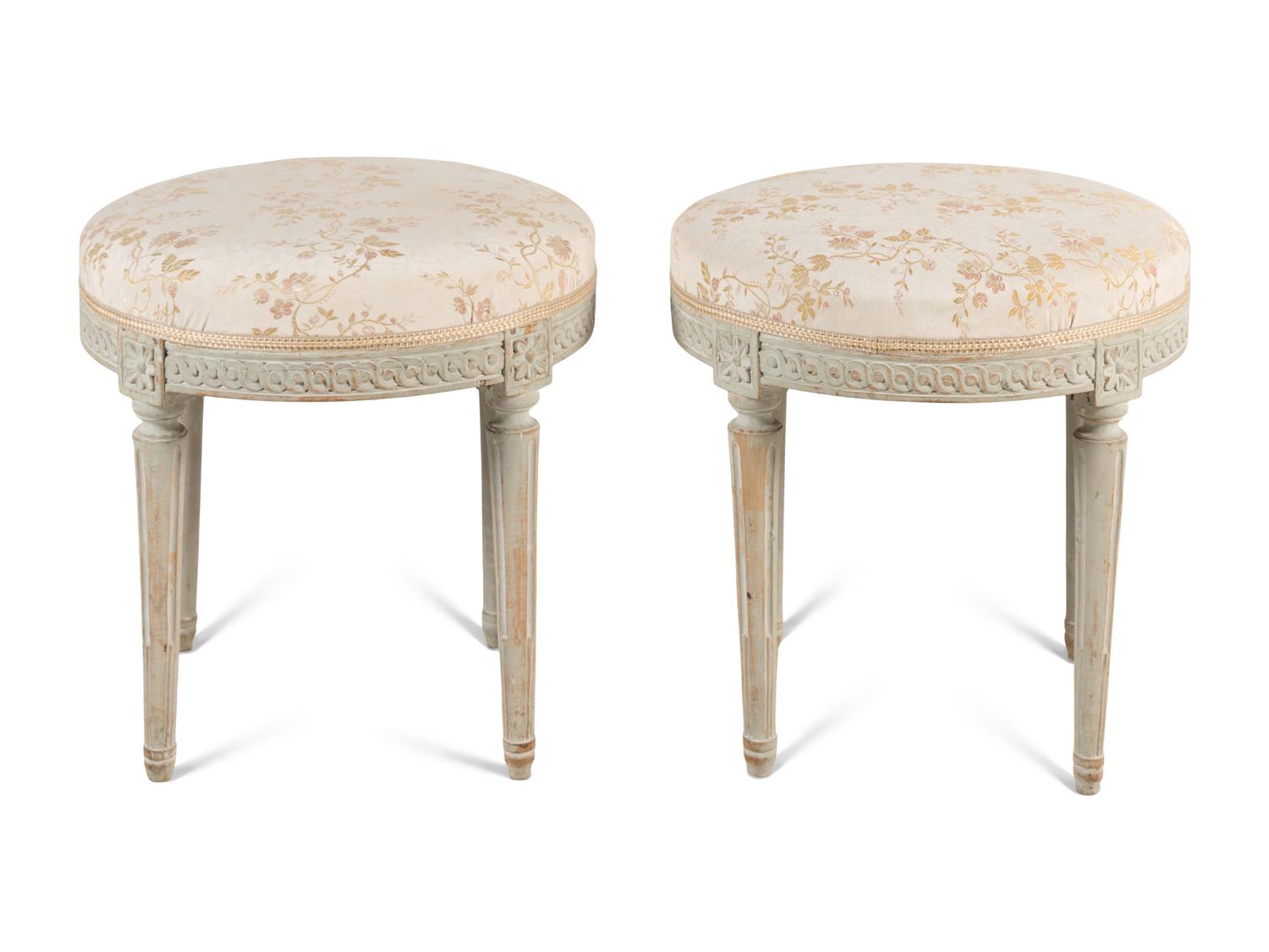 A Pair of Louis XVI Grey-Painted Tabourets