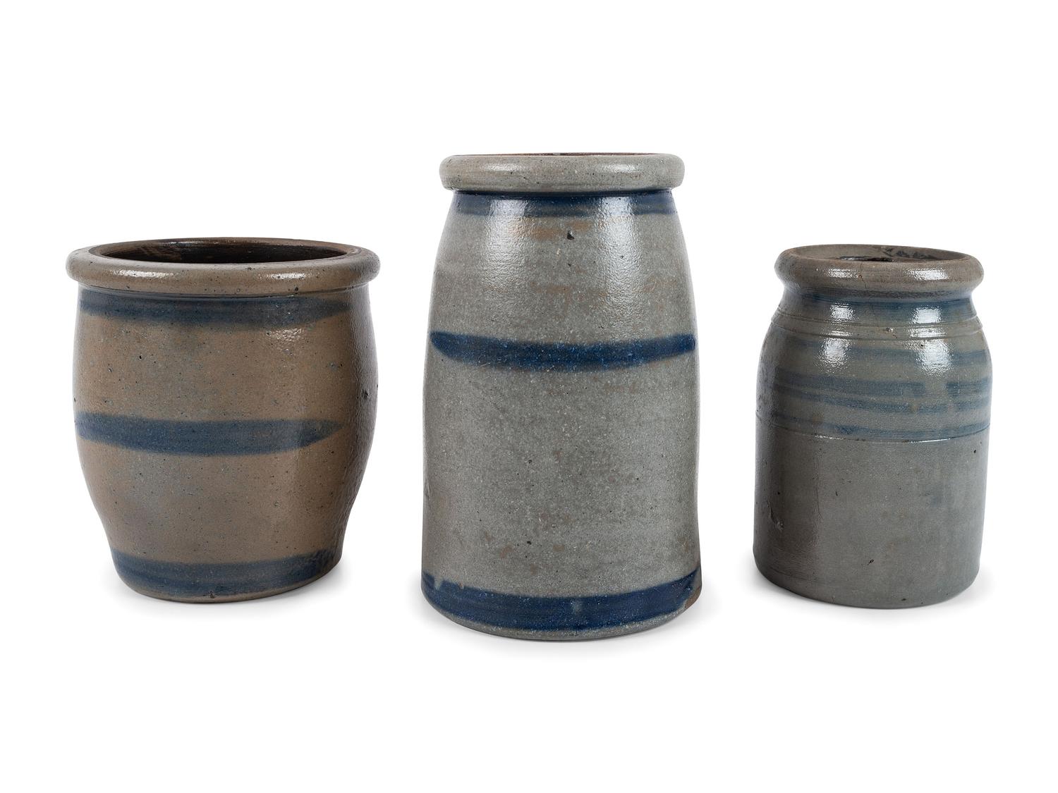 Three Western Pennsylvania Cobalt-Striped Stoneware Canning Jars
