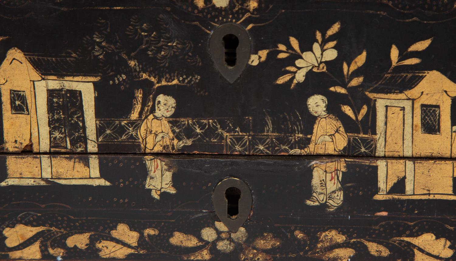 An English Chinoiserie Black and Gilt Lacquer Sewing Box