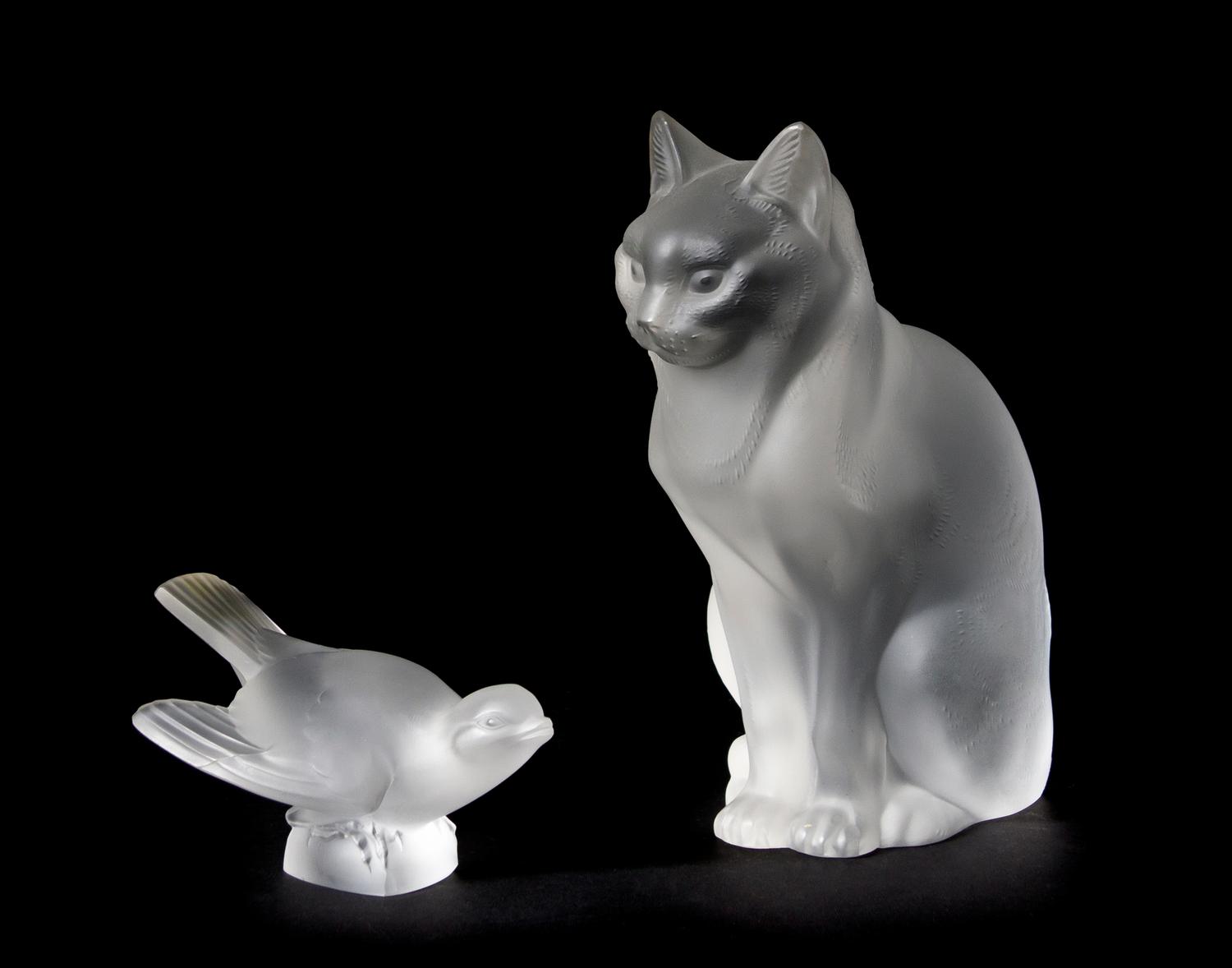 Two Lalique Molded and Frosted Glass Articles, Height of taller 8 1/4 inches.