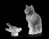 Two Lalique Molded and Frosted Glass Articles, Height of taller 8 1/4 inches.