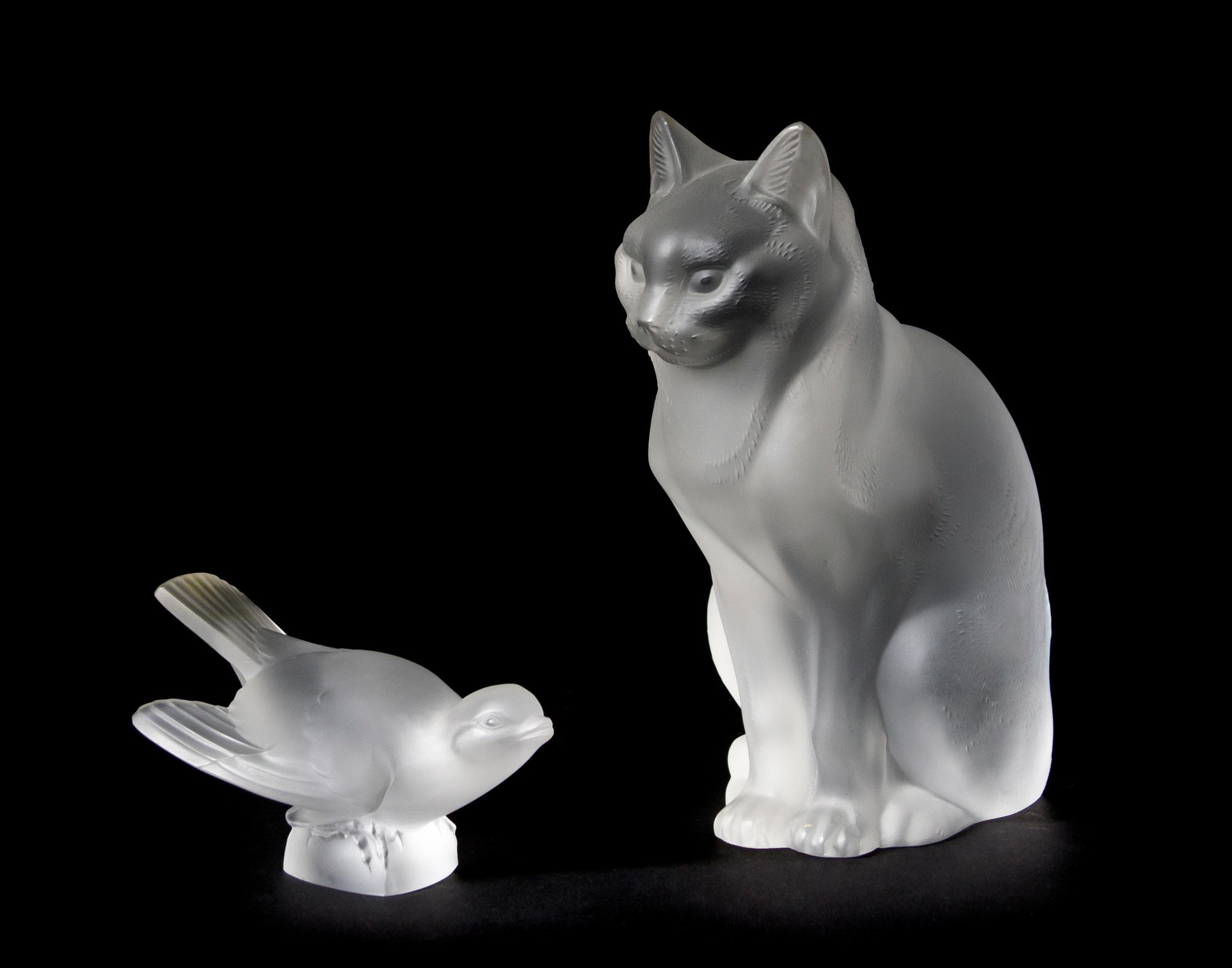 Two Lalique Molded and Frosted Glass Articles, Height of taller 8 1/4 inches.