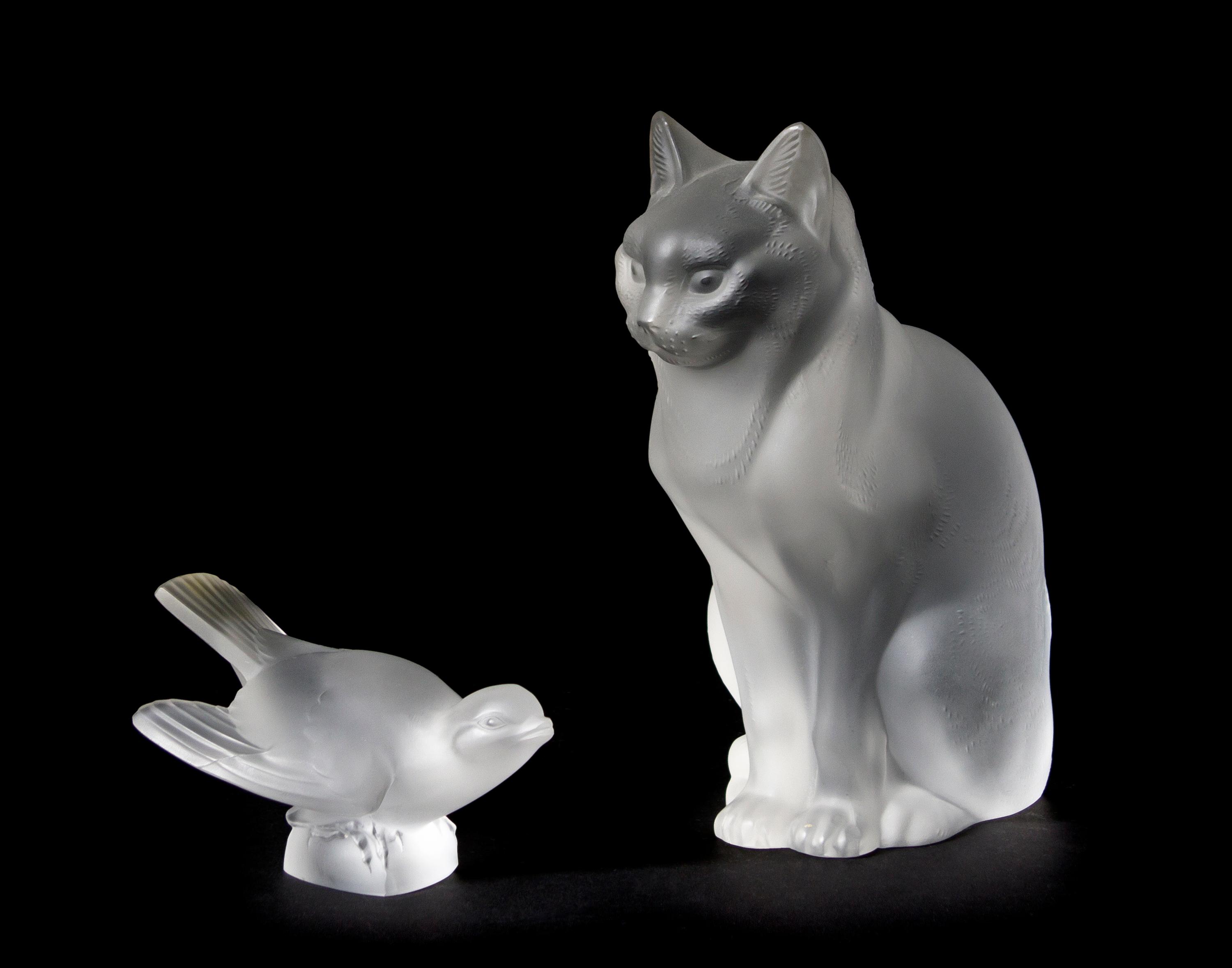 Two Lalique Molded and Frosted Glass Articles, Height of taller 8 1/4 inches.