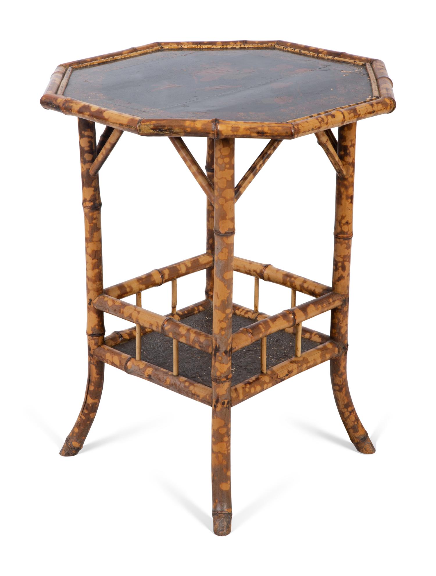 A Victorian Style Burnt Bamboo Octagonal Table, Umbrella Stand, and Etagere — 19TH/20TH CENTURY