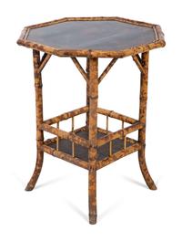 A Victorian Style Burnt Bamboo Octagonal Table, Umbrella Stand, and Etagere — 19TH/20TH CENTURY