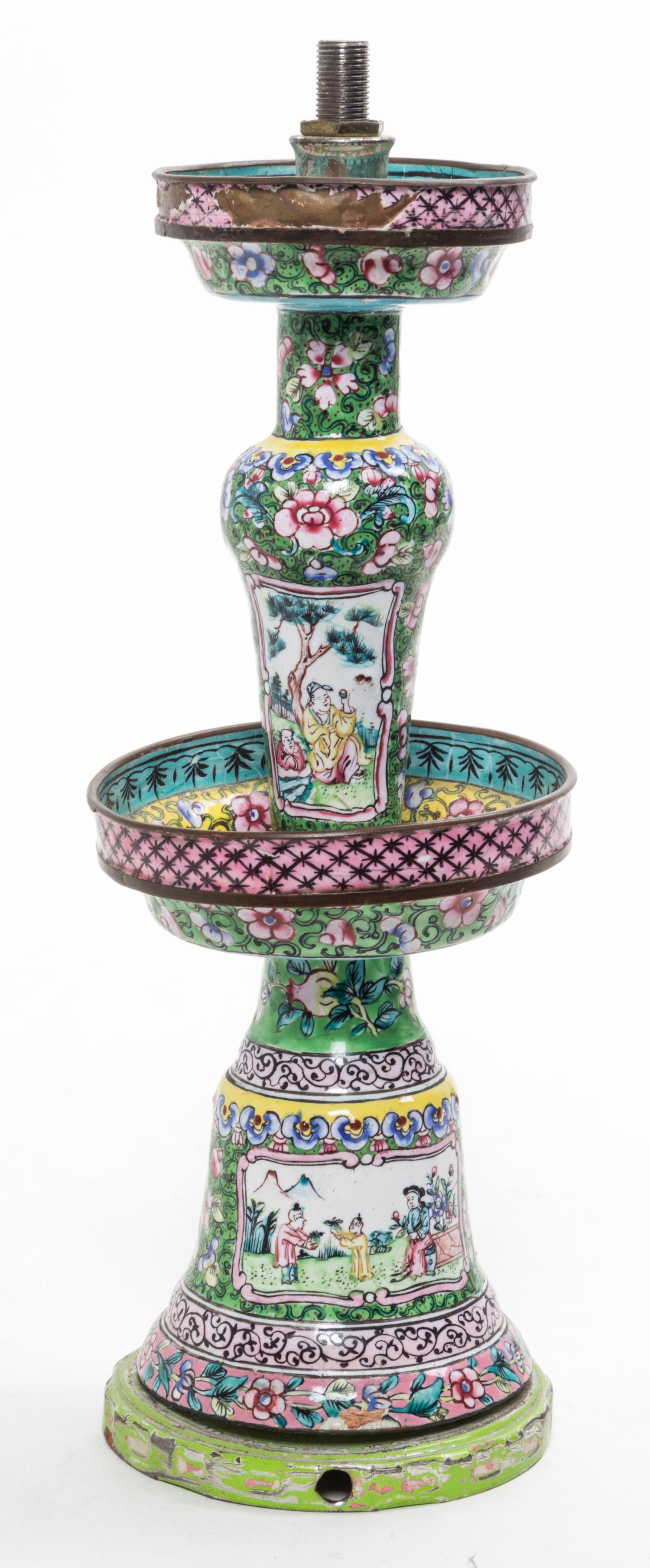 A Canton Enamel Candlestick Height 9 3/4 inches.