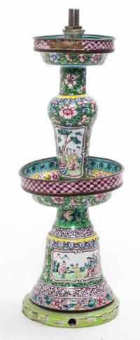 A Canton Enamel Candlestick Height 9 3/4 inches.