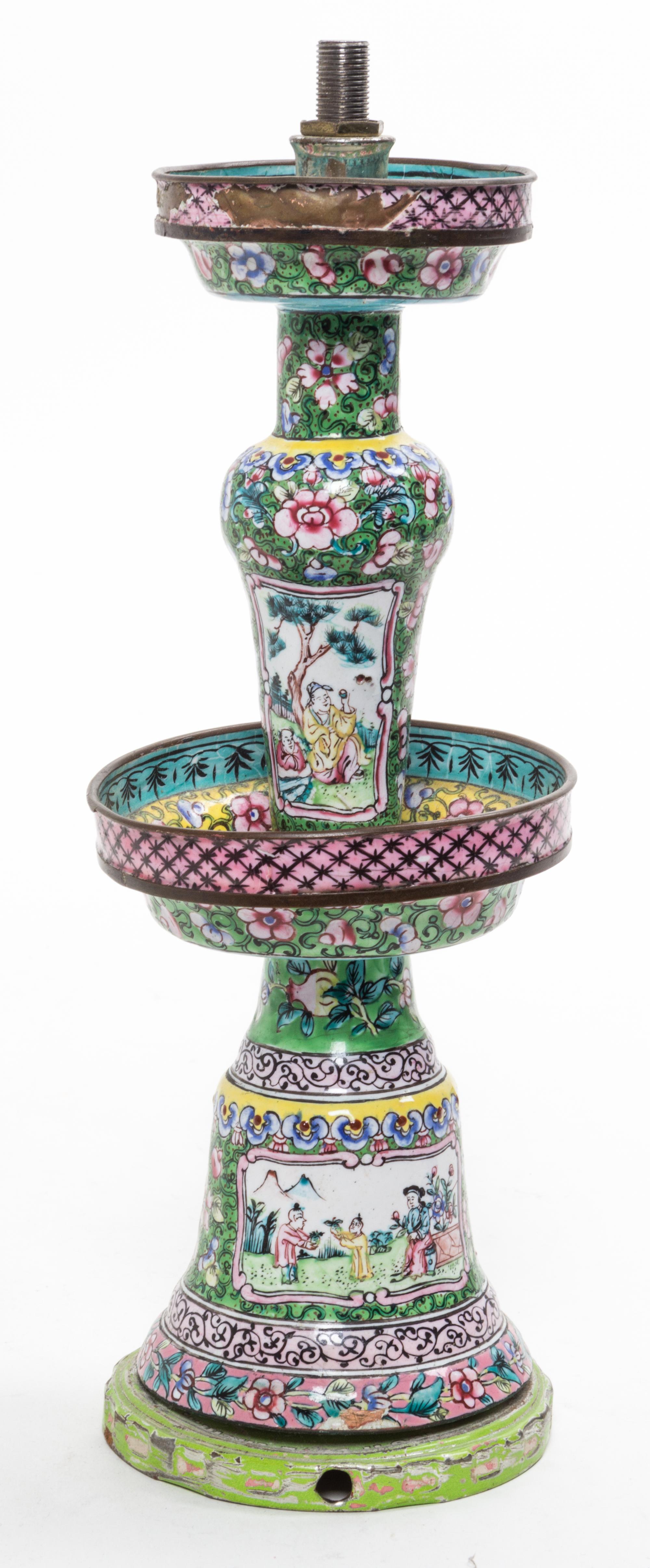 A Canton Enamel Candlestick Height 9 3/4 inches.