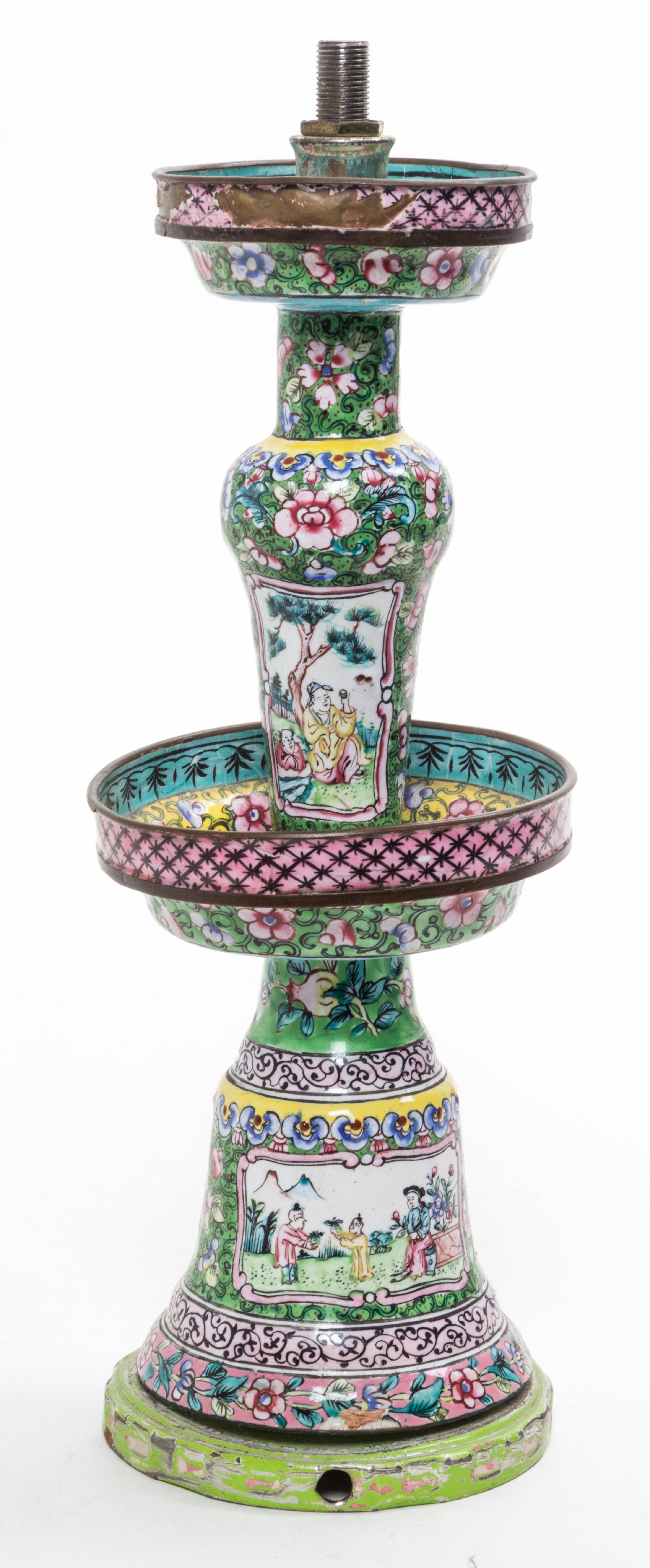 A Canton Enamel Candlestick Height 9 3/4 inches.