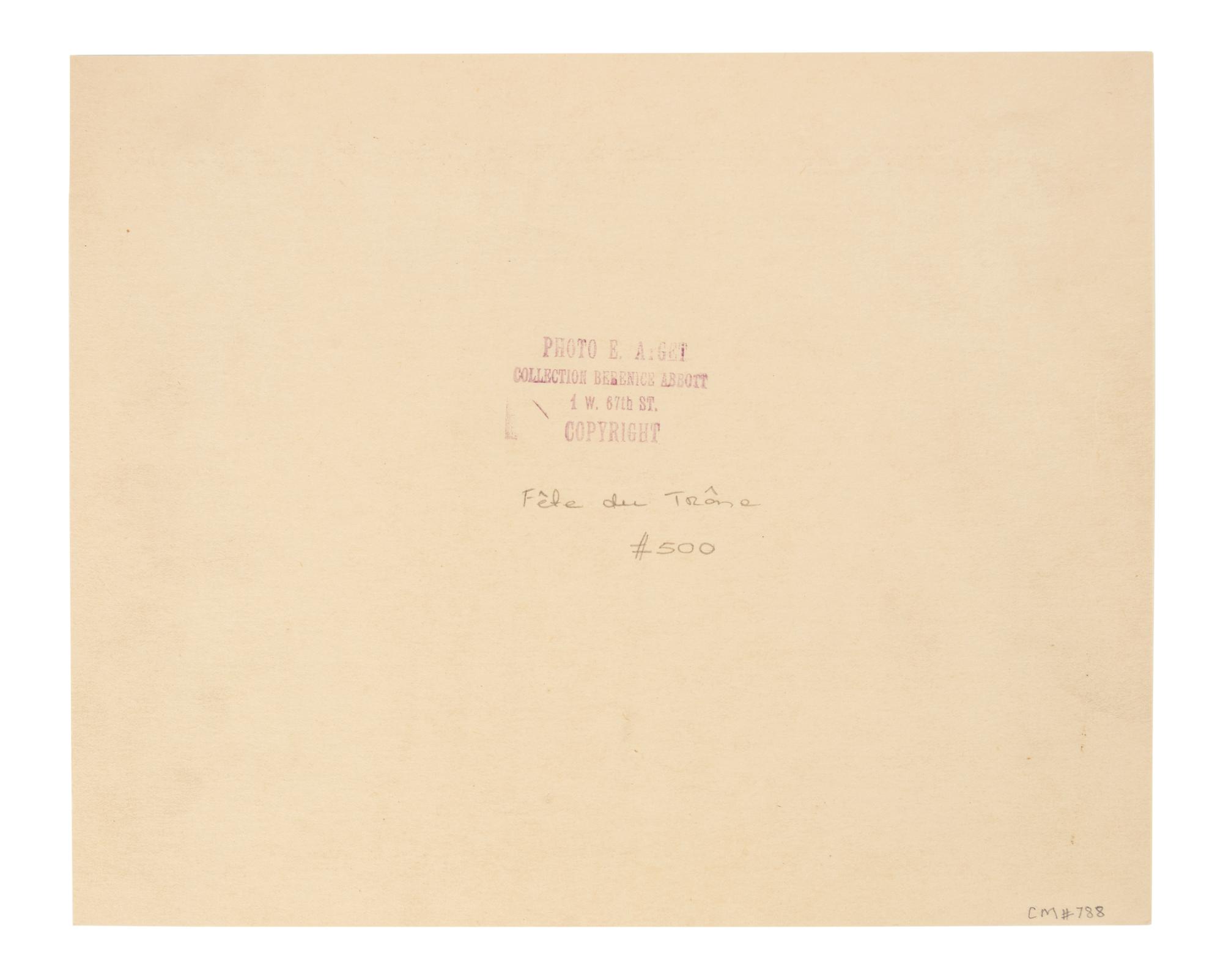 A group of four photographs ( Á la Coquille d'Or, rue de la Sourdière, 4e, 1908; Pavilion du Hanovre, boulevard des Capucines 33 , 1913; Fête du Trône , 1914; Fleurs [Boulevard Saint Michel] , 1926-1927)