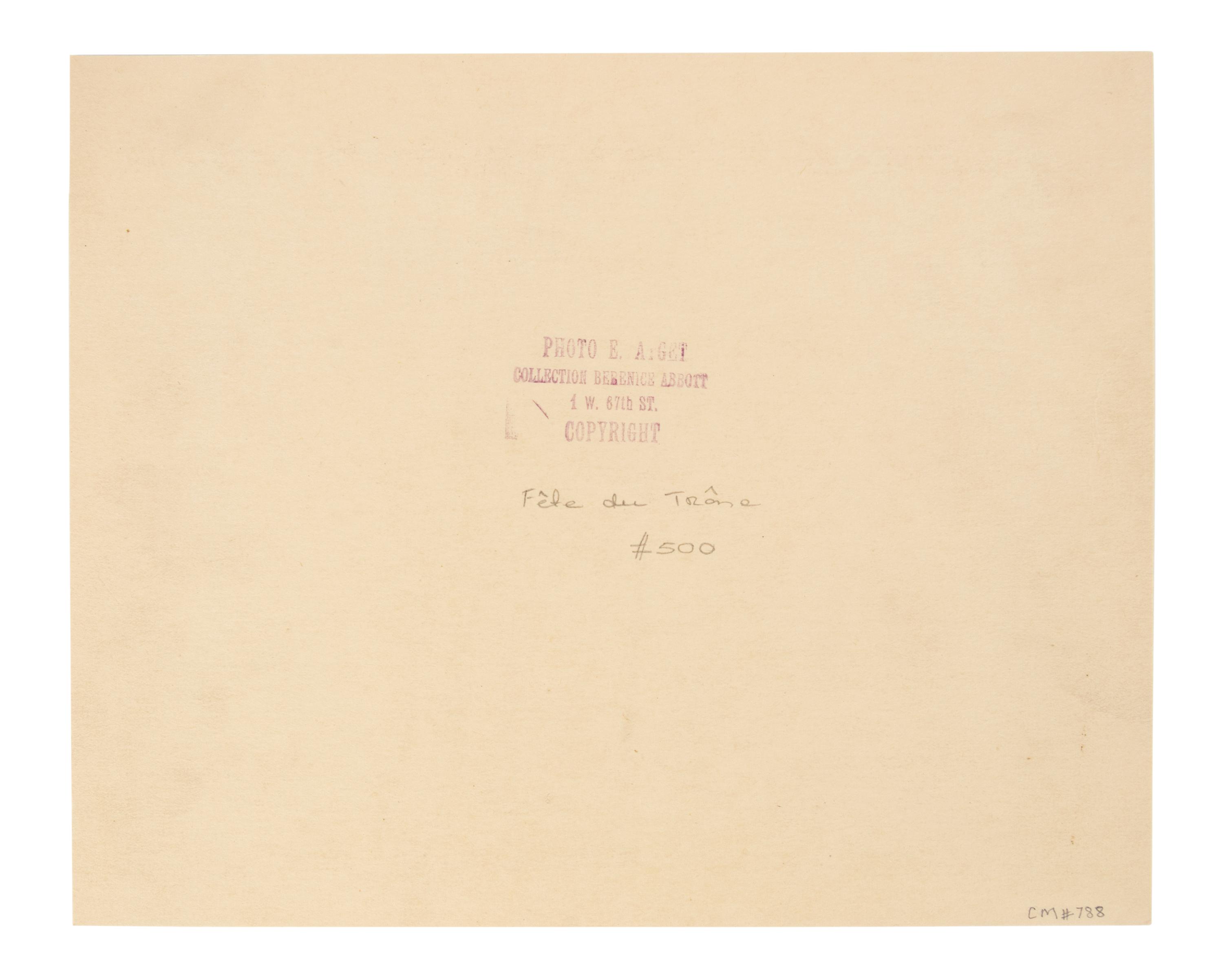 A group of four photographs ( Á la Coquille d'Or, rue de la Sourdière, 4e, 1908; Pavilion du Hanovre, boulevard des Capucines 33 , 1913; Fête du Trône , 1914; Fleurs [Boulevard Saint Michel] , 1926-1927)