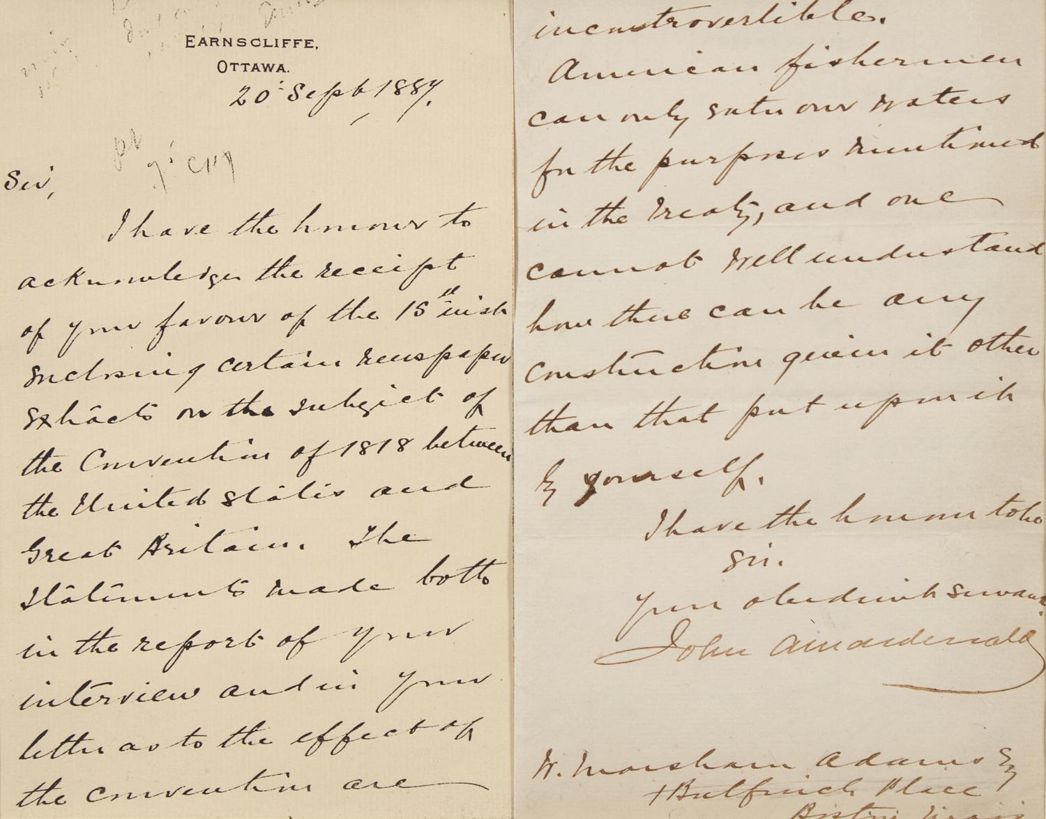 [Americana] [Canada] Macdonald, John. Autograph Letter, signed
