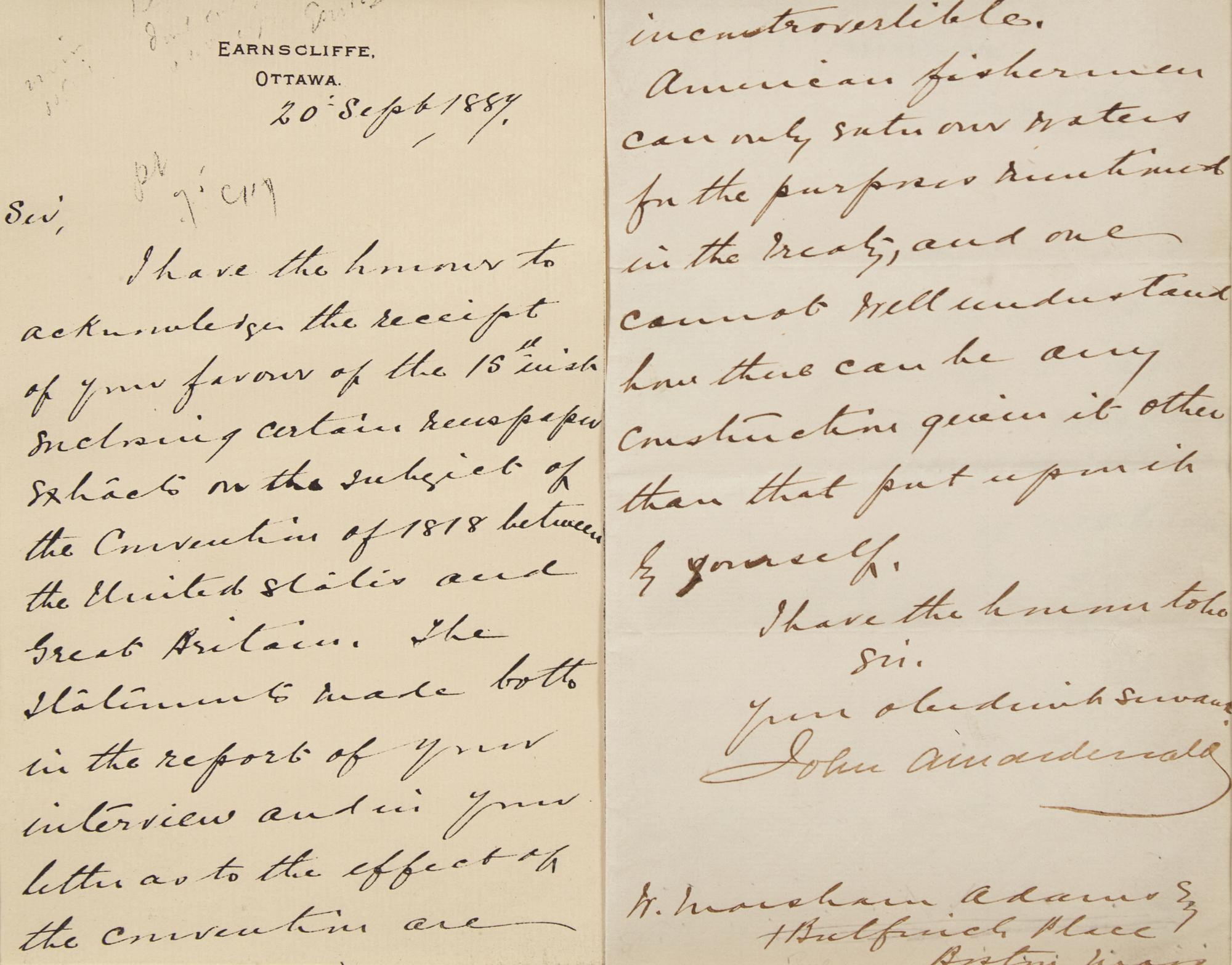 [Americana] [Canada] Macdonald, John. Autograph Letter, signed