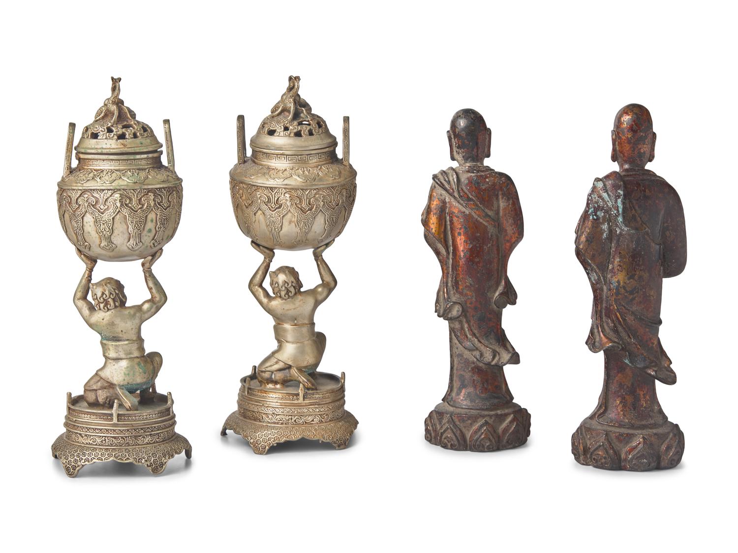 A Pair of Lacquered Bronze Lohan and a Pair of Covered "Oni" Vases