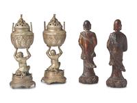 A Pair of Lacquered Bronze Lohan and a Pair of Covered "Oni" Vases