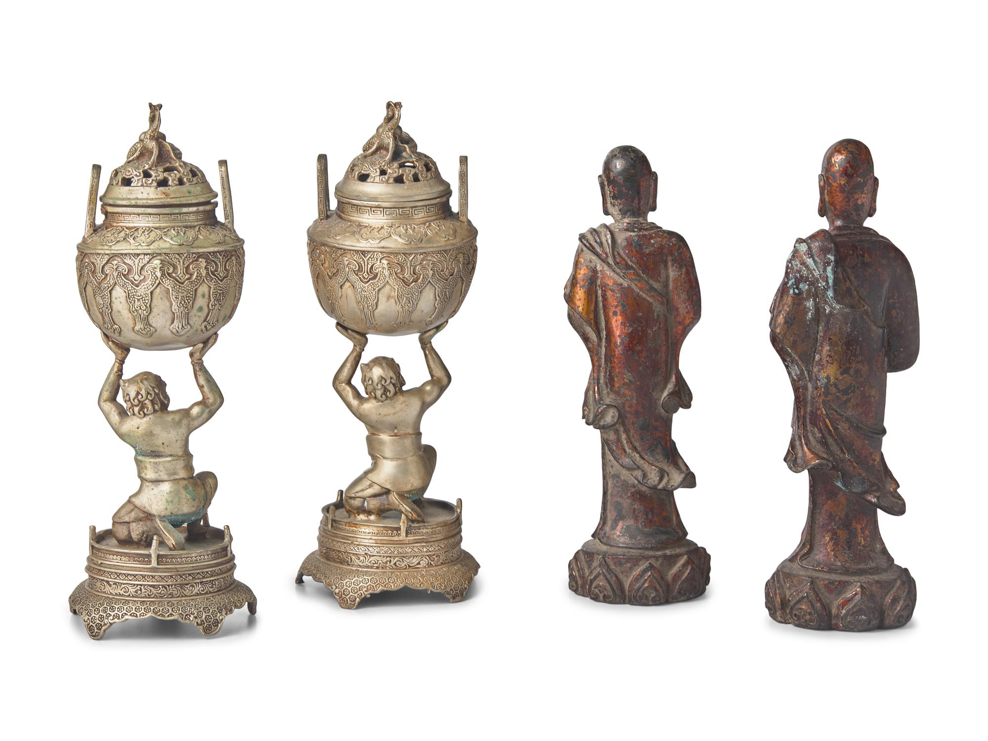 A Pair of Lacquered Bronze Lohan and a Pair of Covered "Oni" Vases