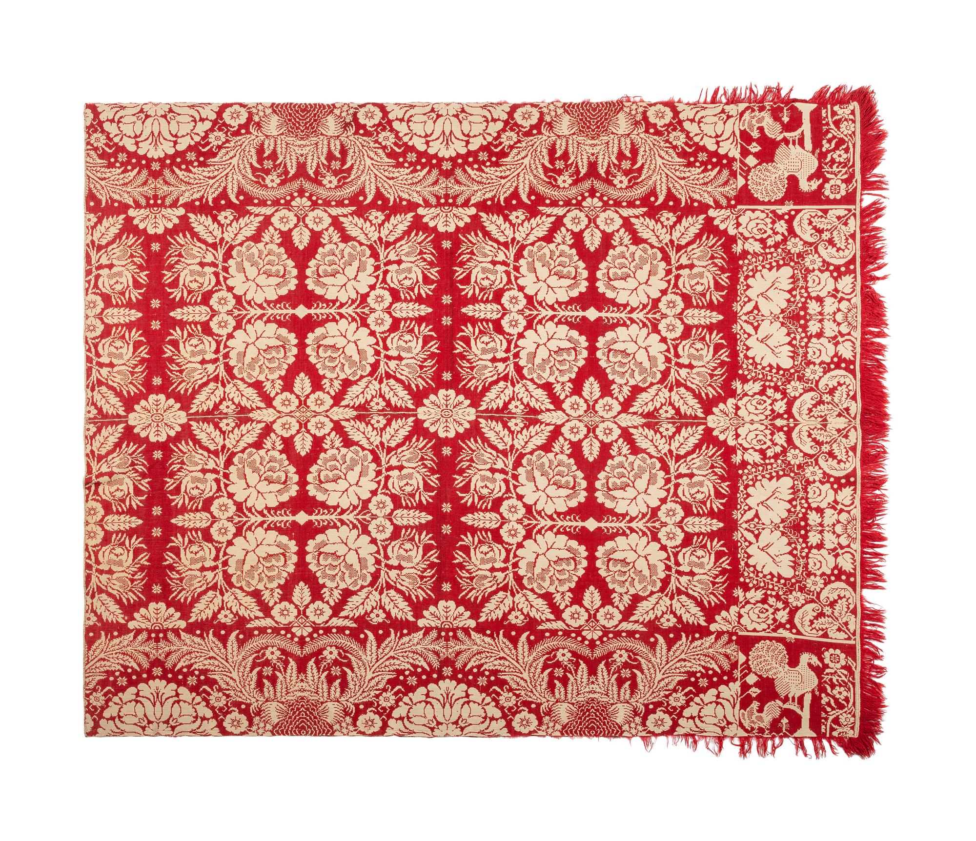 A Red and White Jacquard Cotton and Wool Rooster Coverlet