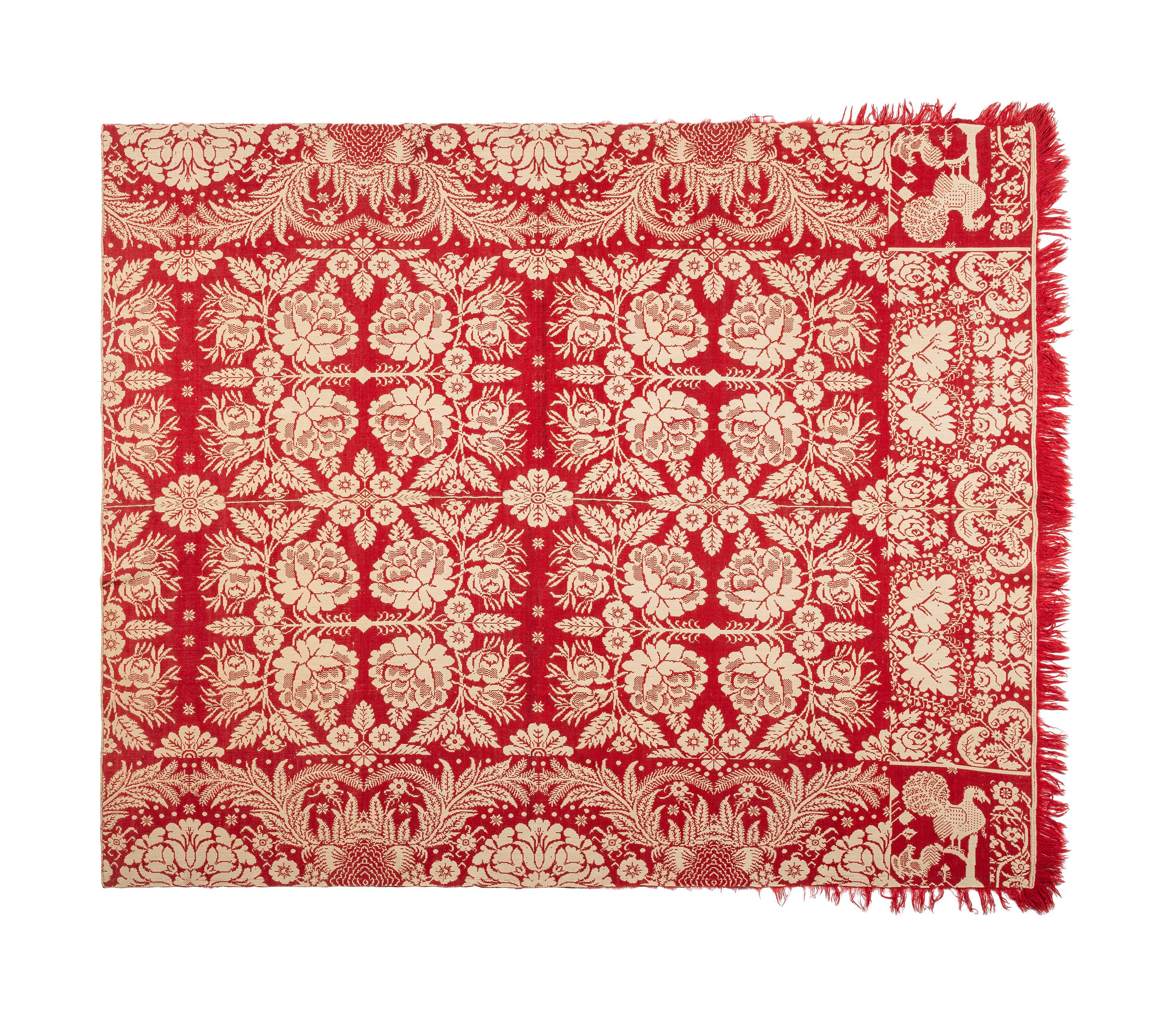A Red and White Jacquard Cotton and Wool Rooster Coverlet