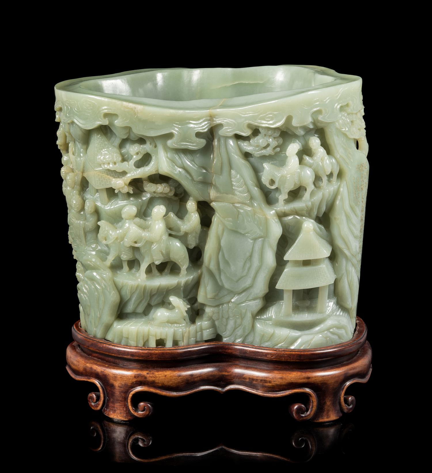 A Large Carved Celadon Jade Brushpot, Bitong Height 10 1/2 inches. — LATE 19TH/EARLY 20TH CENTURY