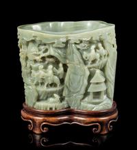 A Large Carved Celadon Jade Brushpot, Bitong Height 10 1/2 inches. — LATE 19TH/EARLY 20TH CENTURY