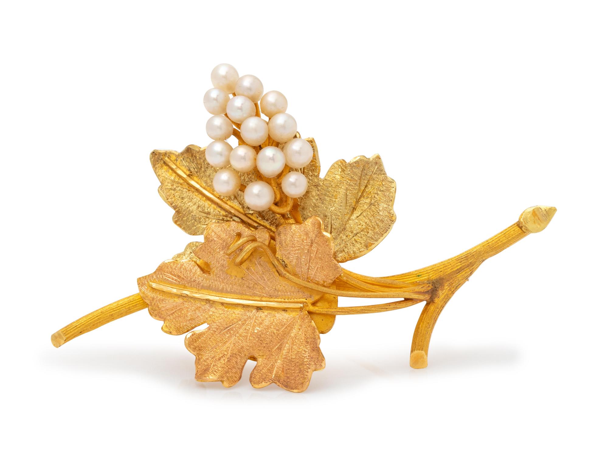 An 18 Karat Bicolor Gold and Cultured Pearl Grapevine Brooch,