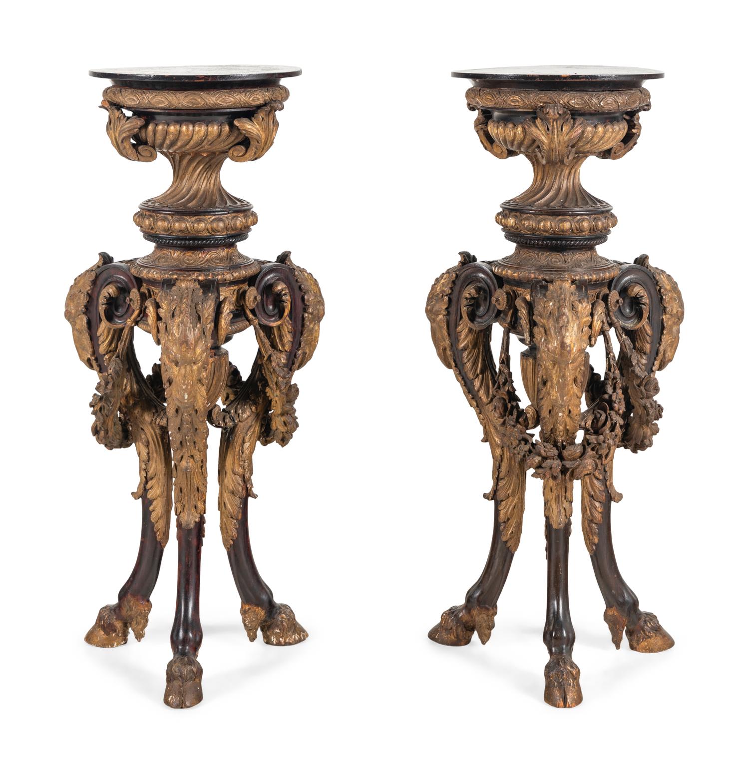 A Pair of Unusual Continental Carved Giltwood and Polychrome Jardini è re Stands