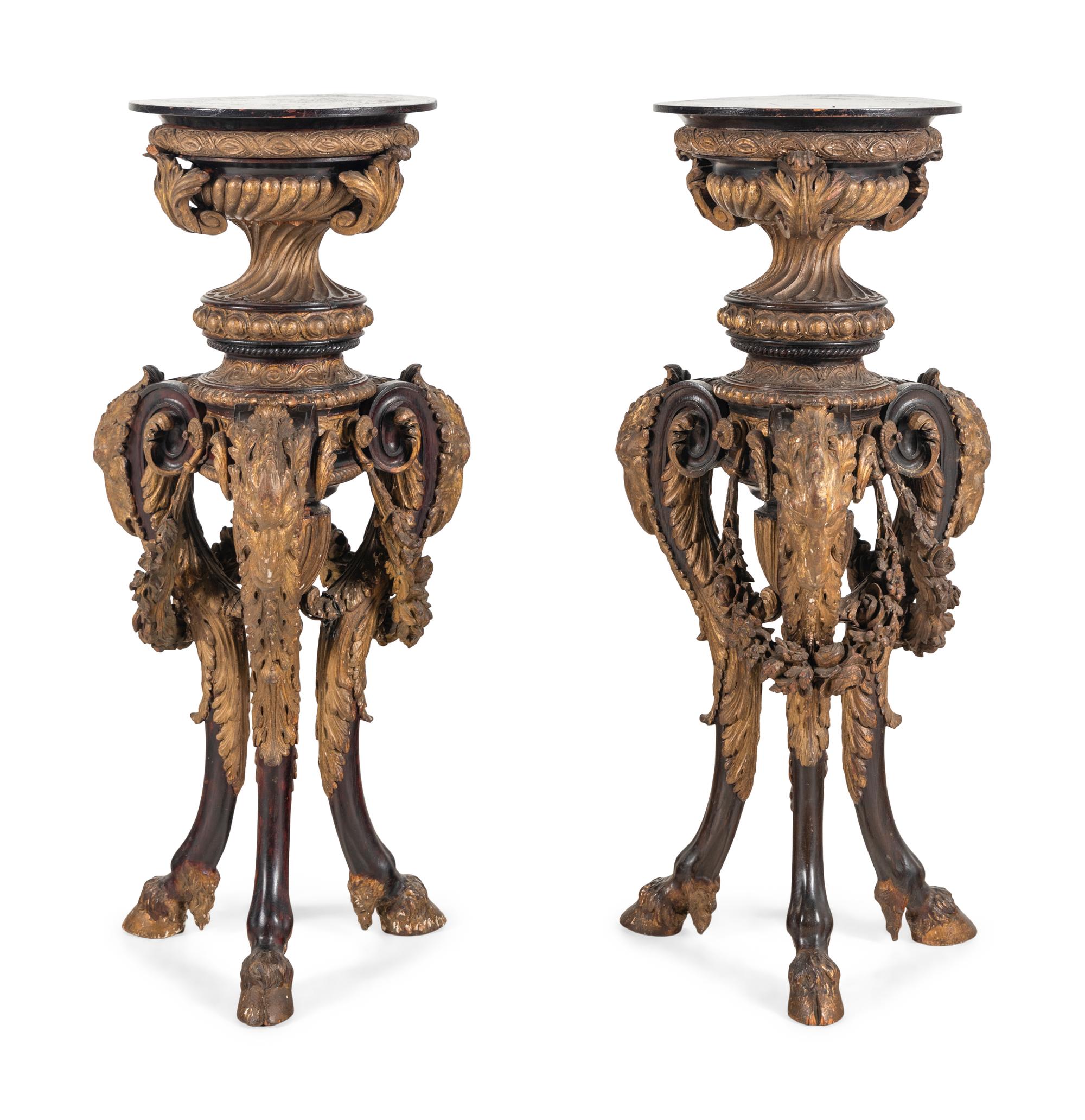 A Pair of Unusual Continental Carved Giltwood and Polychrome Jardini è re Stands