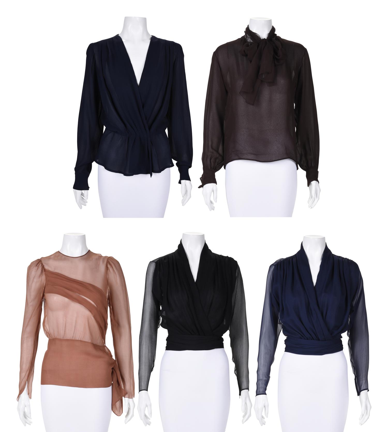 Five Silk Chiffon Blouses: Including Two Yves Saint Laurent Haute Couture, 1970-80s