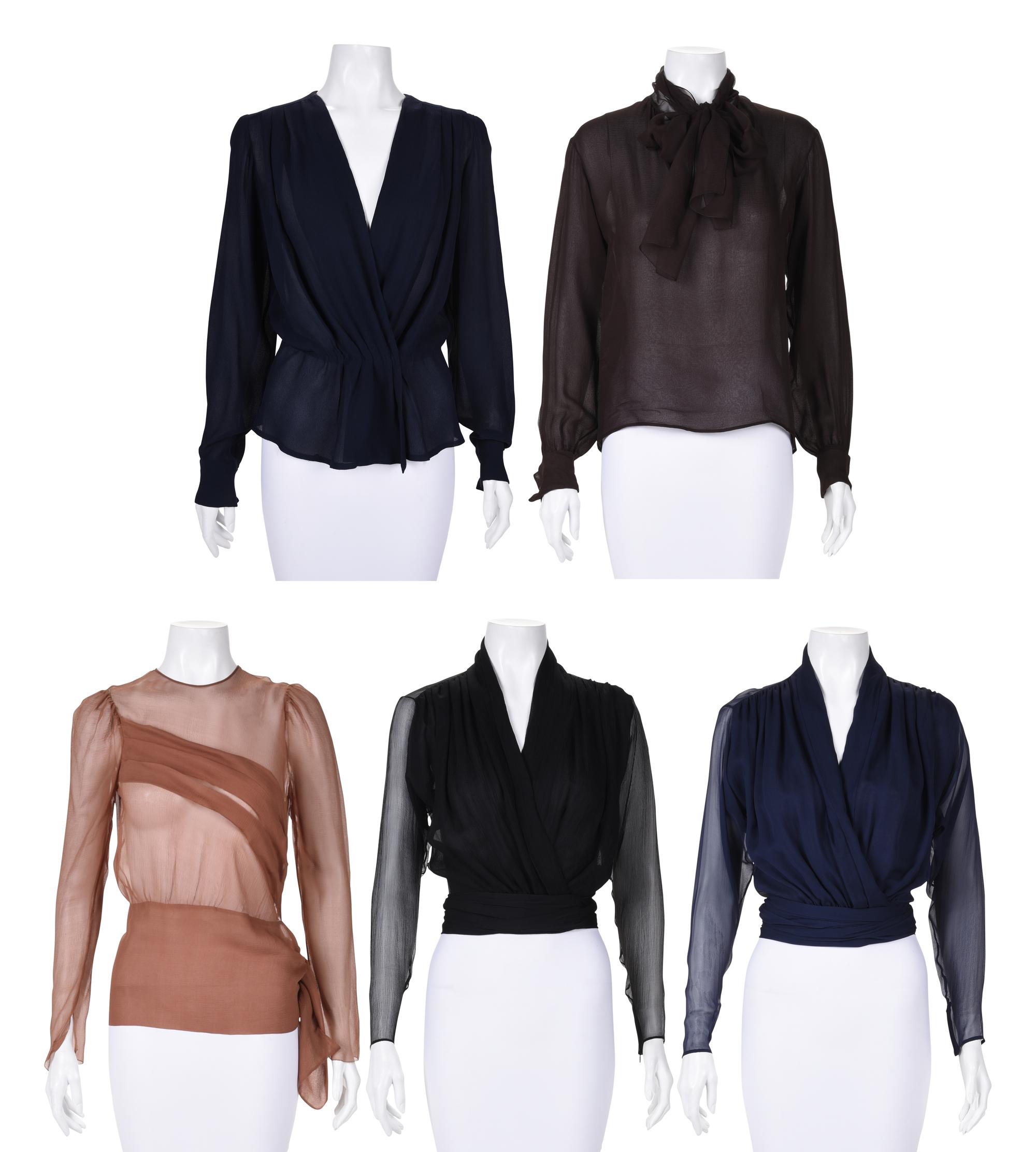 Five Silk Chiffon Blouses: Including Two Yves Saint Laurent Haute Couture, 1970-80s