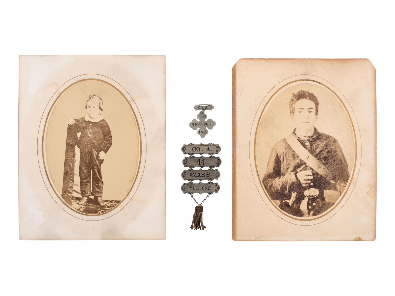 [CIVIL WAR]. Group incl. corps and ladder badges, 44th Massachusetts Infantry Regiment.