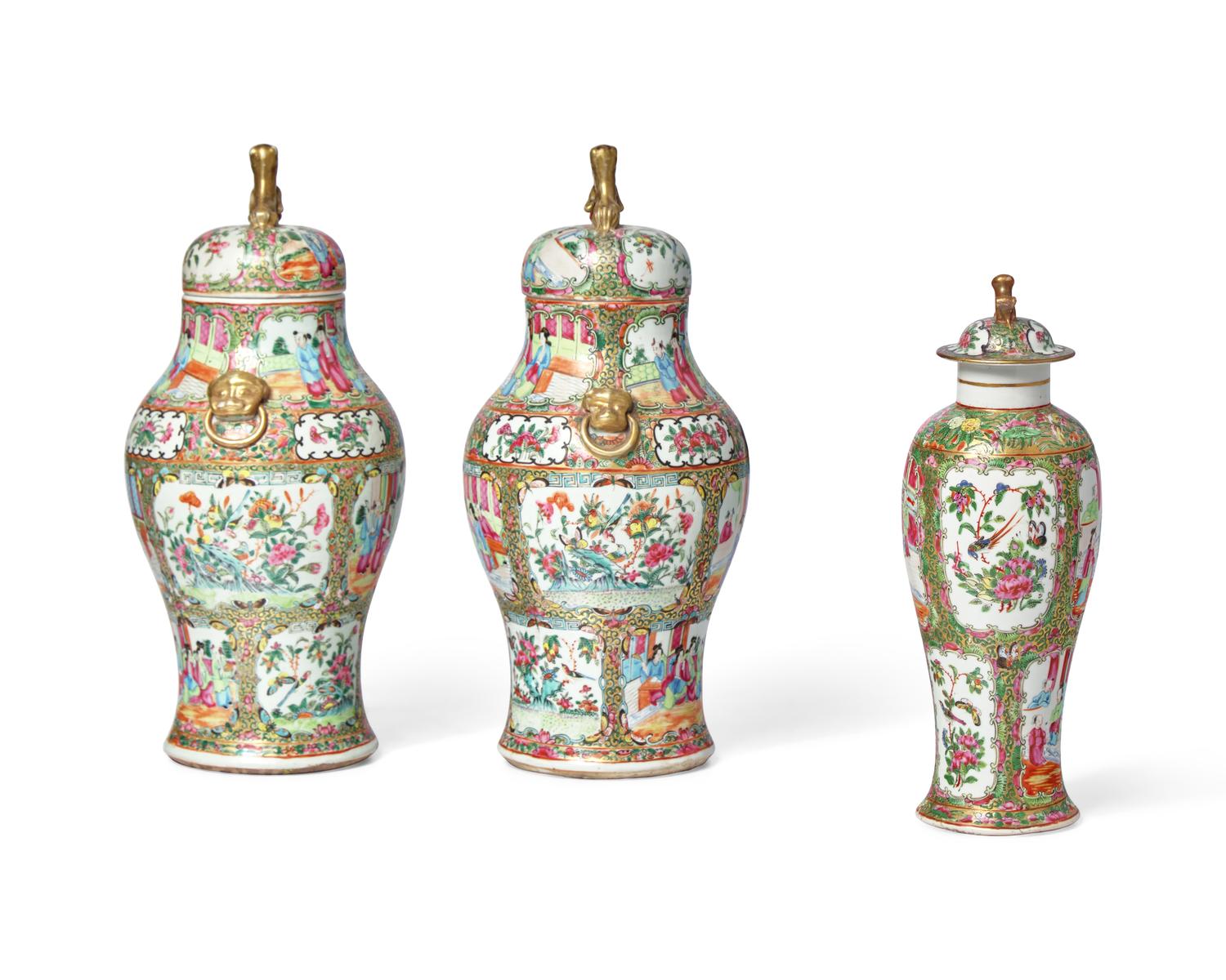 Three Chinese Export Porcelain Rose Medallion Covered Vases