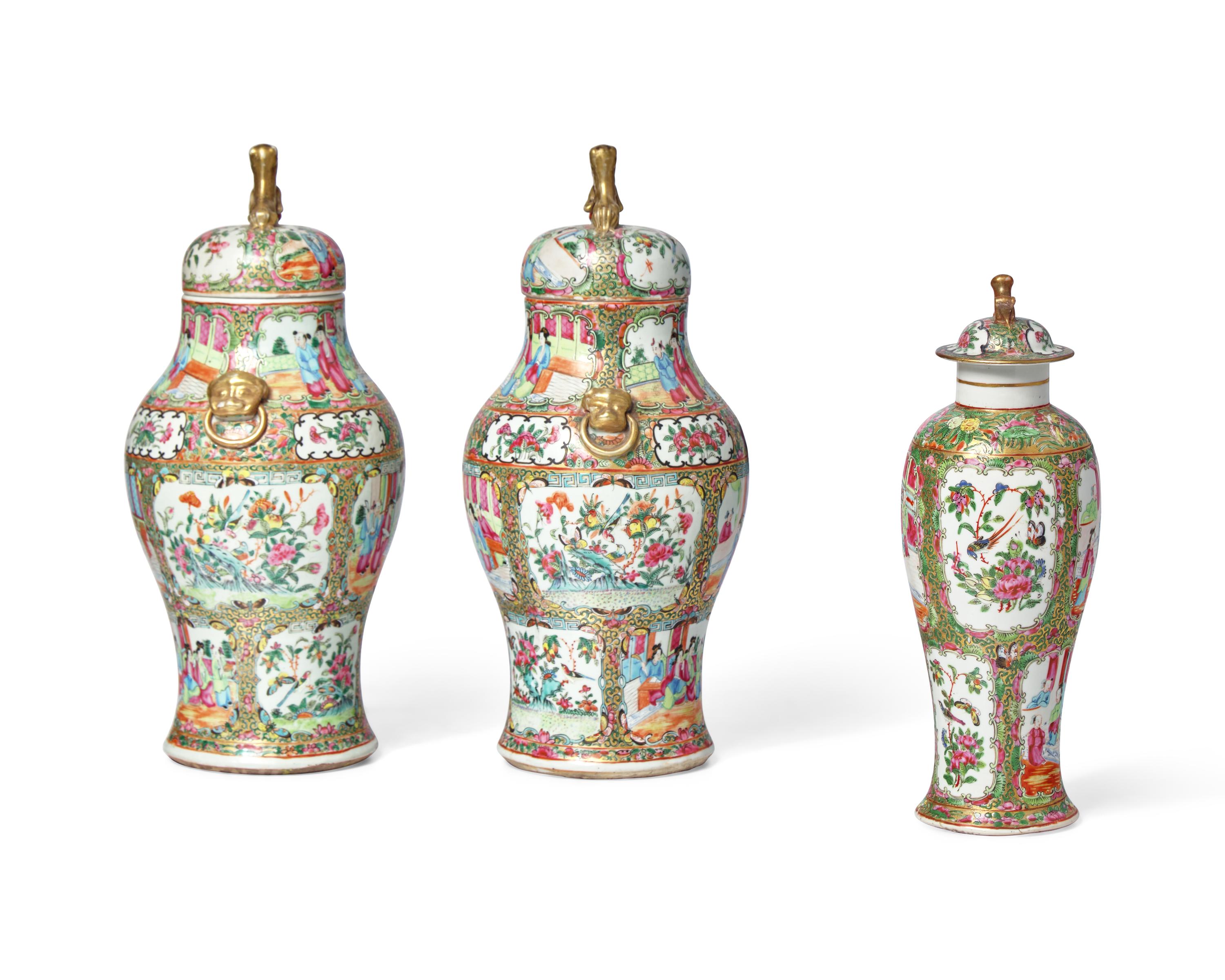 Three Chinese Export Porcelain Rose Medallion Covered Vases