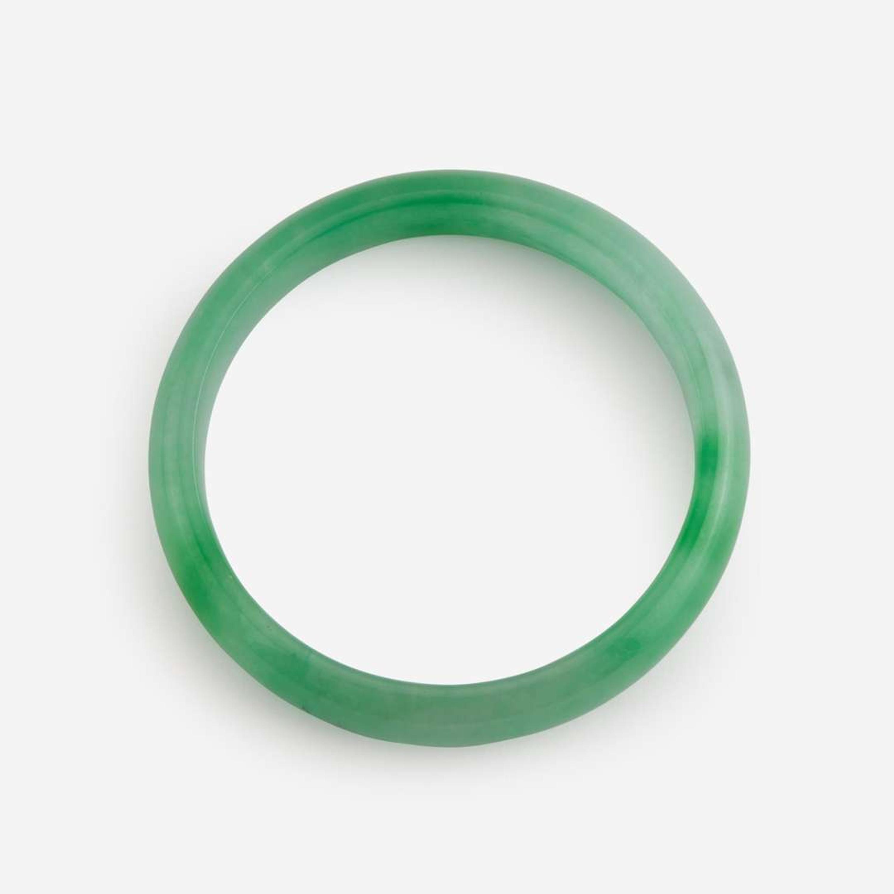 Two jadeite bangles with straight interiors 翡翠平安镯一组两件