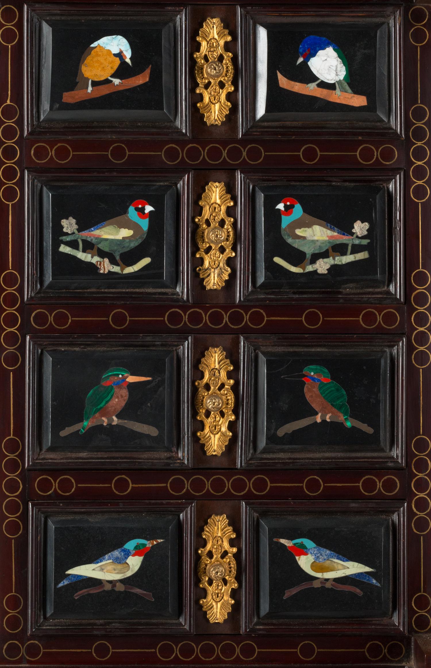 An Italian Gilt Bronze Mounted and Pietra Dura Inset Walnut Collector's Cabinet on Stand