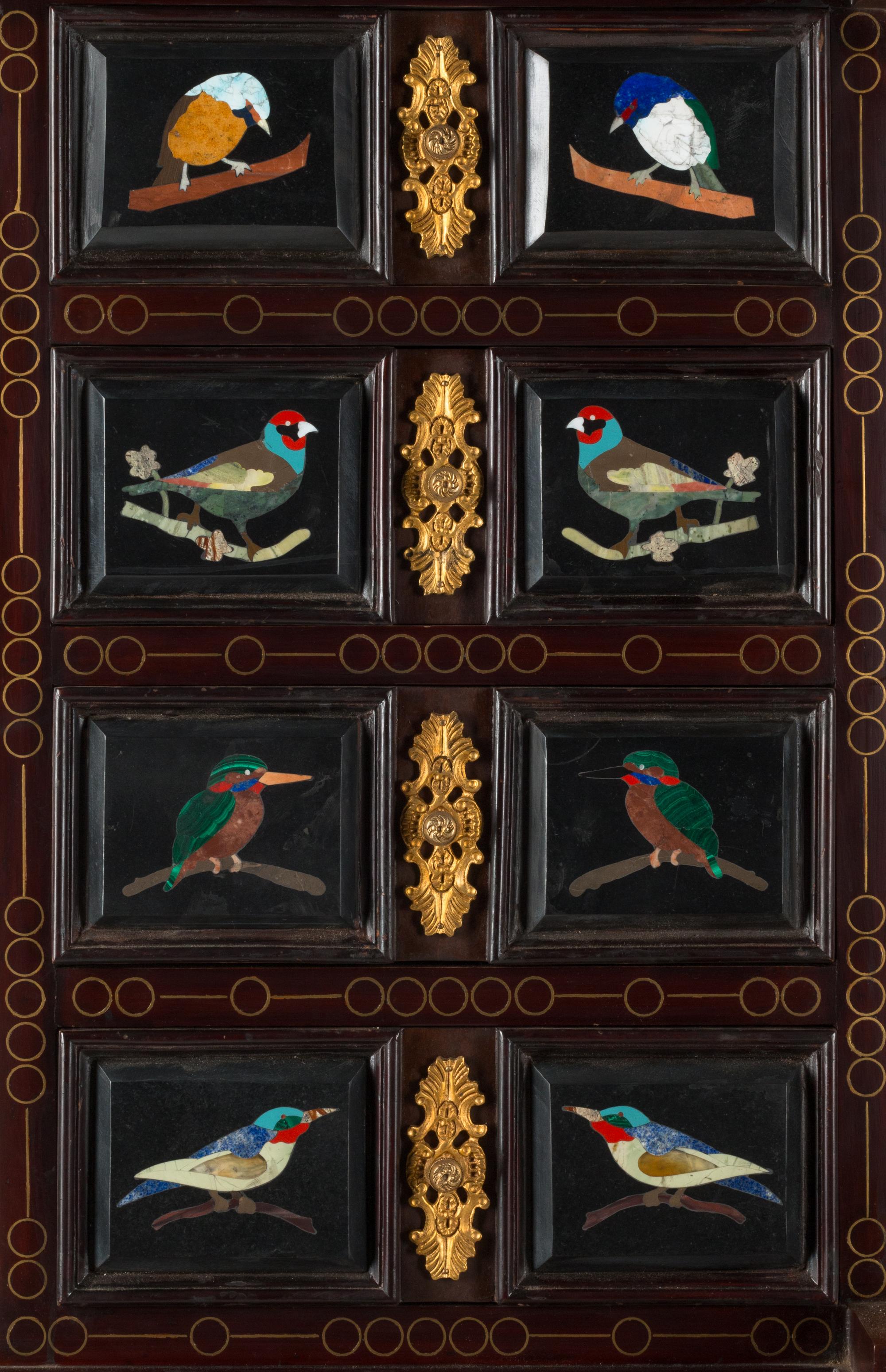 An Italian Gilt Bronze Mounted and Pietra Dura Inset Walnut Collector's Cabinet on Stand