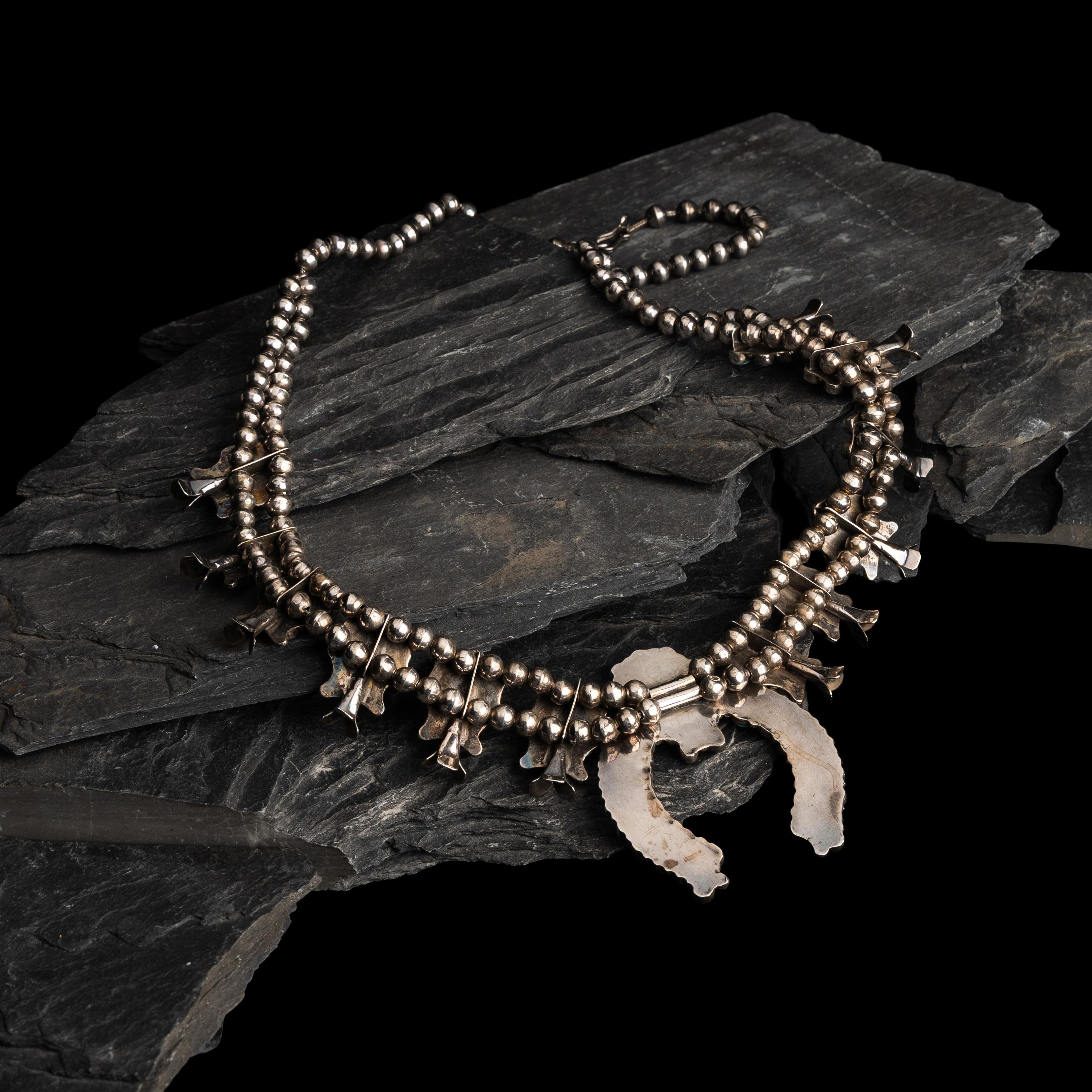 Zuni Silver and Turquoise Cluster Squash Blossom Necklace