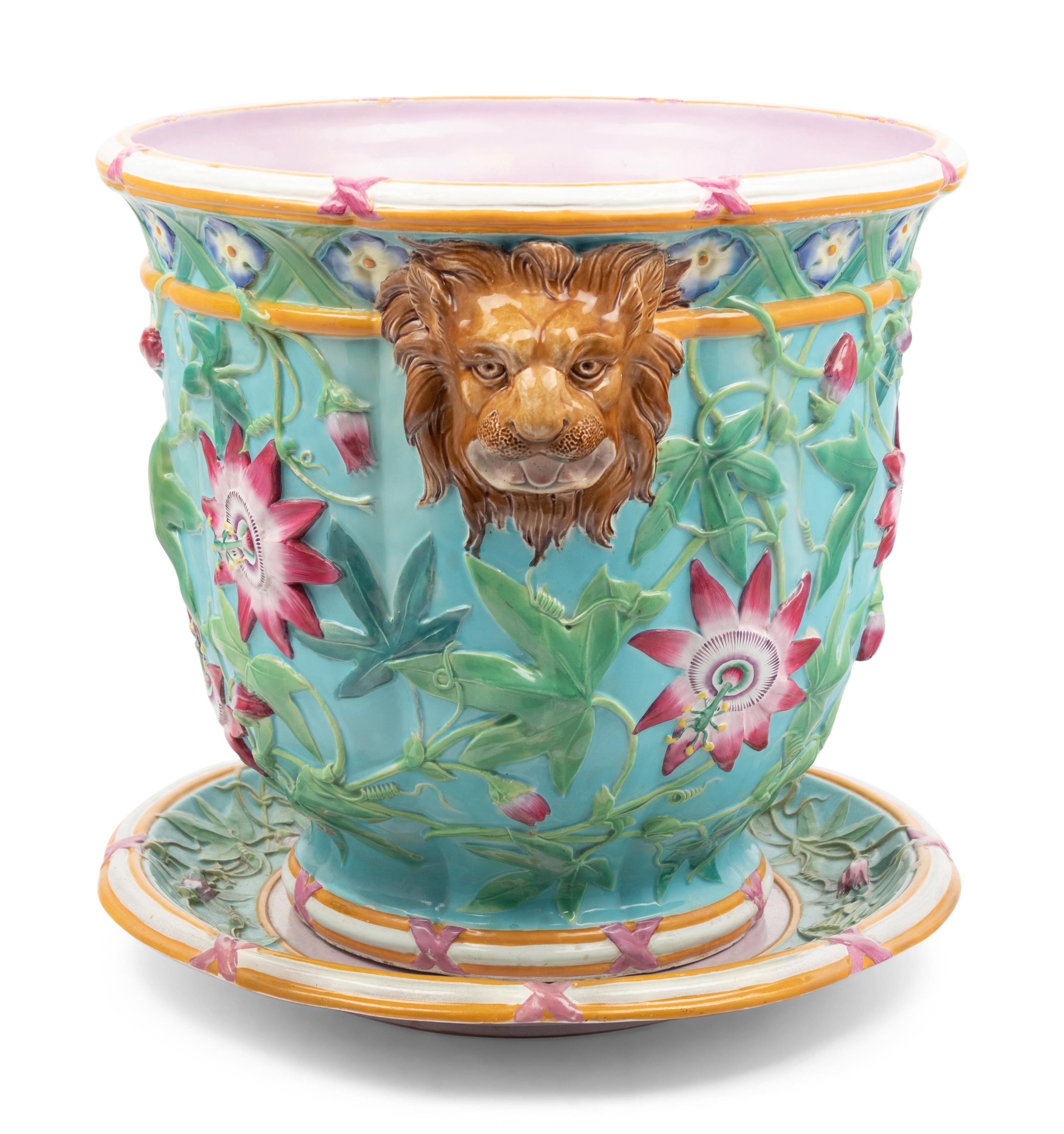A Large Majolica Jardinière with Underplate