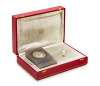 An Art Deco Gold, Sapphire, Enamel and Agate Desk Clock Set, Cartier Paris, Circa 1920,