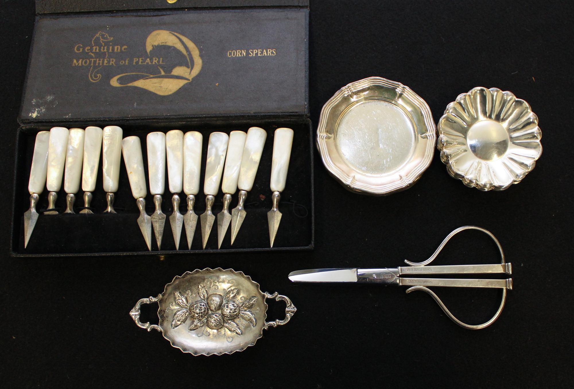 A Group of Silver and Silver-Plate Articles, , comprising a Continental silver dish, Danish silver grape shears, six Swedish silver-pla
