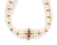 BOODLE & DUNTHORNE, CULTURED PEARL AND MULTIGEM NECKLACE
