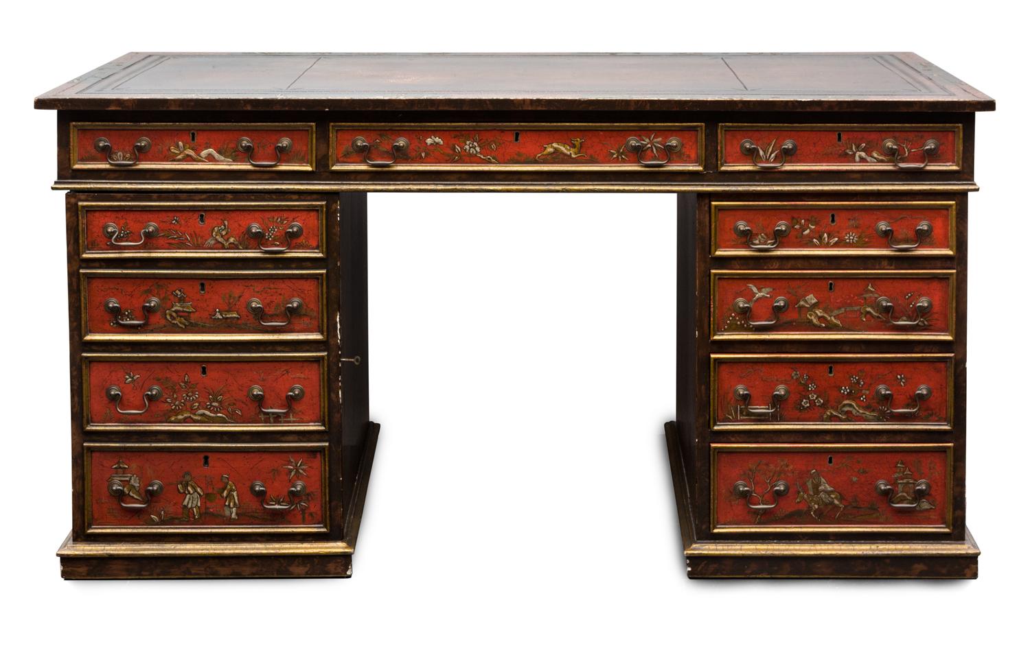 A Georgian Style Japanned Double Pedestal Desk Height 31 1/2 x width 61 1/2 x depth 28 1/2 inches.