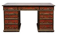 A Georgian Style Japanned Double Pedestal Desk Height 31 1/2 x width 61 1/2 x depth 28 1/2 inches.