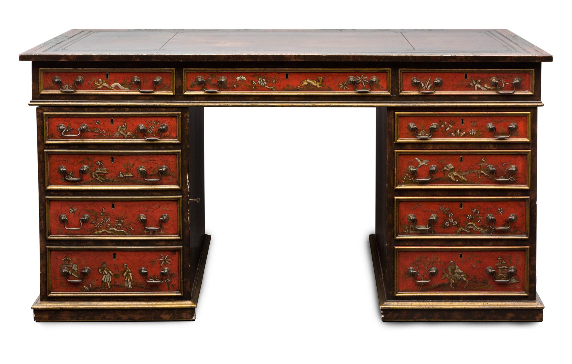 A Georgian Style Japanned Double Pedestal Desk Height 31 1/2 x width 61 1/2 x depth 28 1/2 inches.