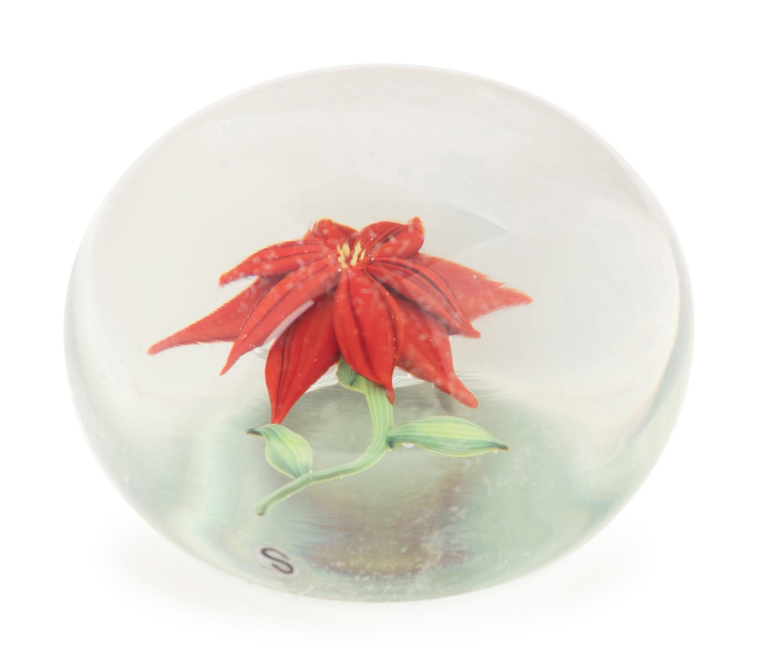 A Paul Stankard Red Flower Glass Paperweight