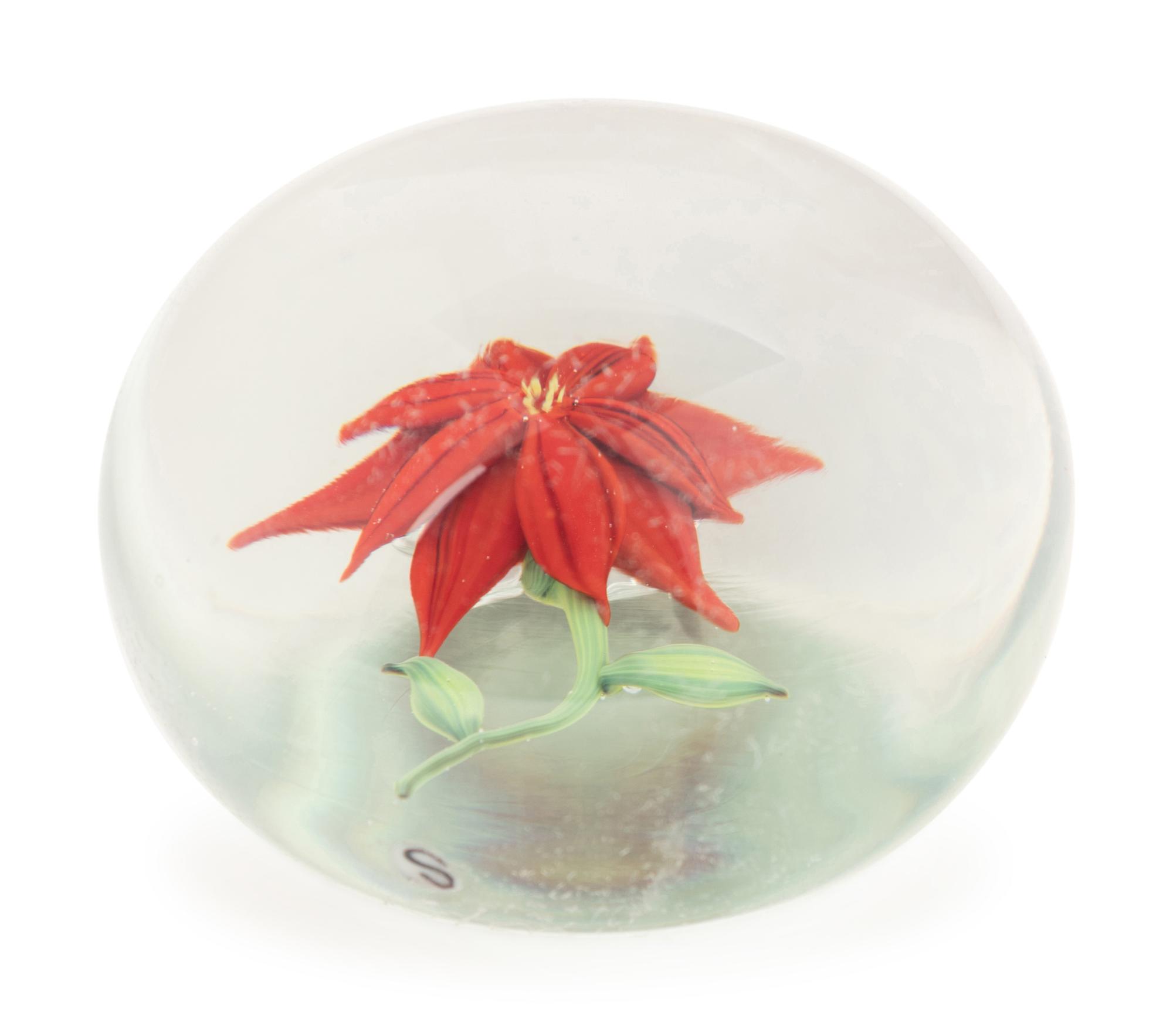 A Paul Stankard Red Flower Glass Paperweight