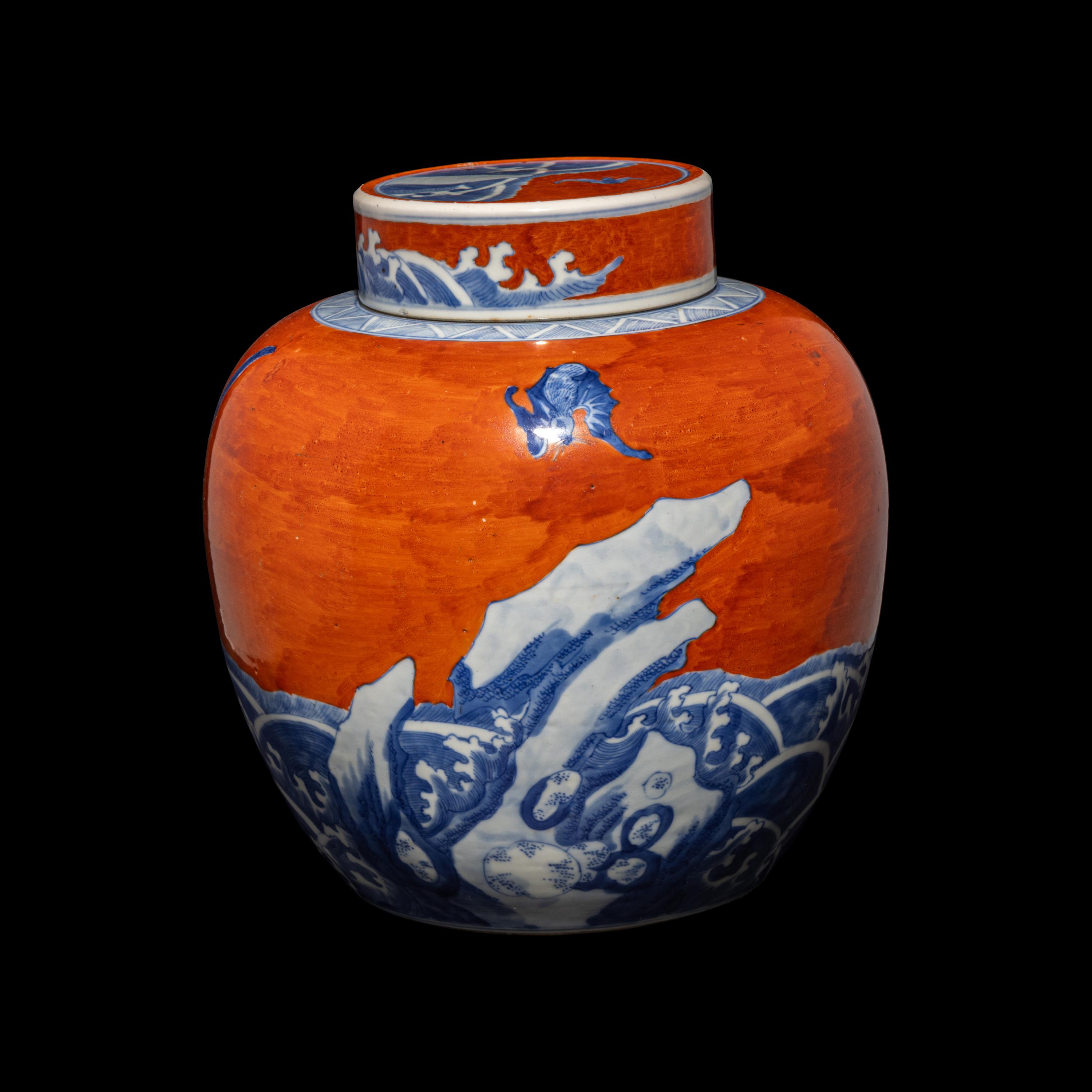 A Chinese Coral-Red Ground Underglaze Blue Porcelain Covered Ginger Jar, 18th Century 清中期 珊瑚紅地青花瑞獸圖蓋罐