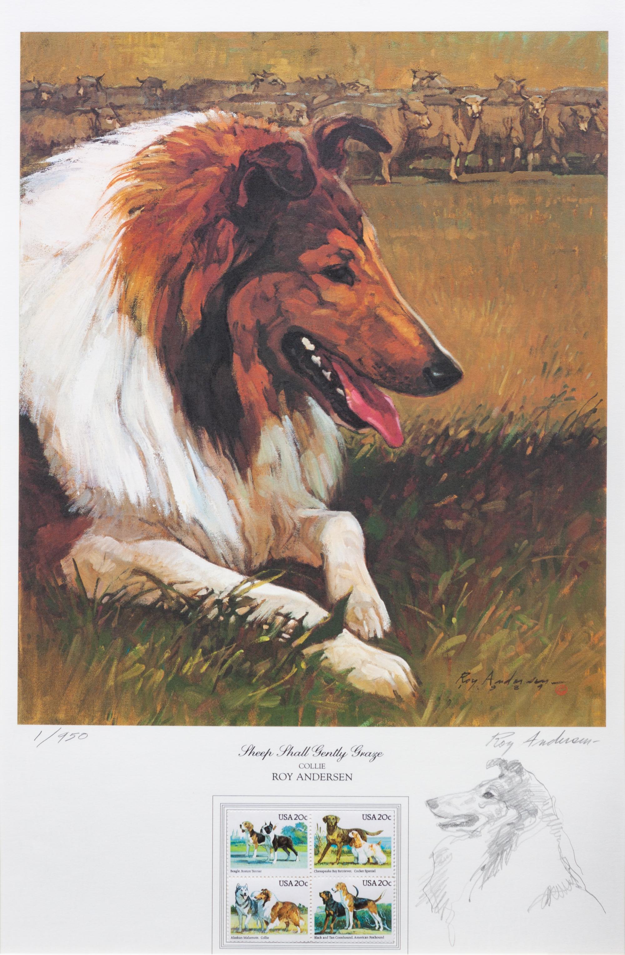 Four Works of Art depicting Collies Largest: 24 1/4 x 19 7/8 inches.
