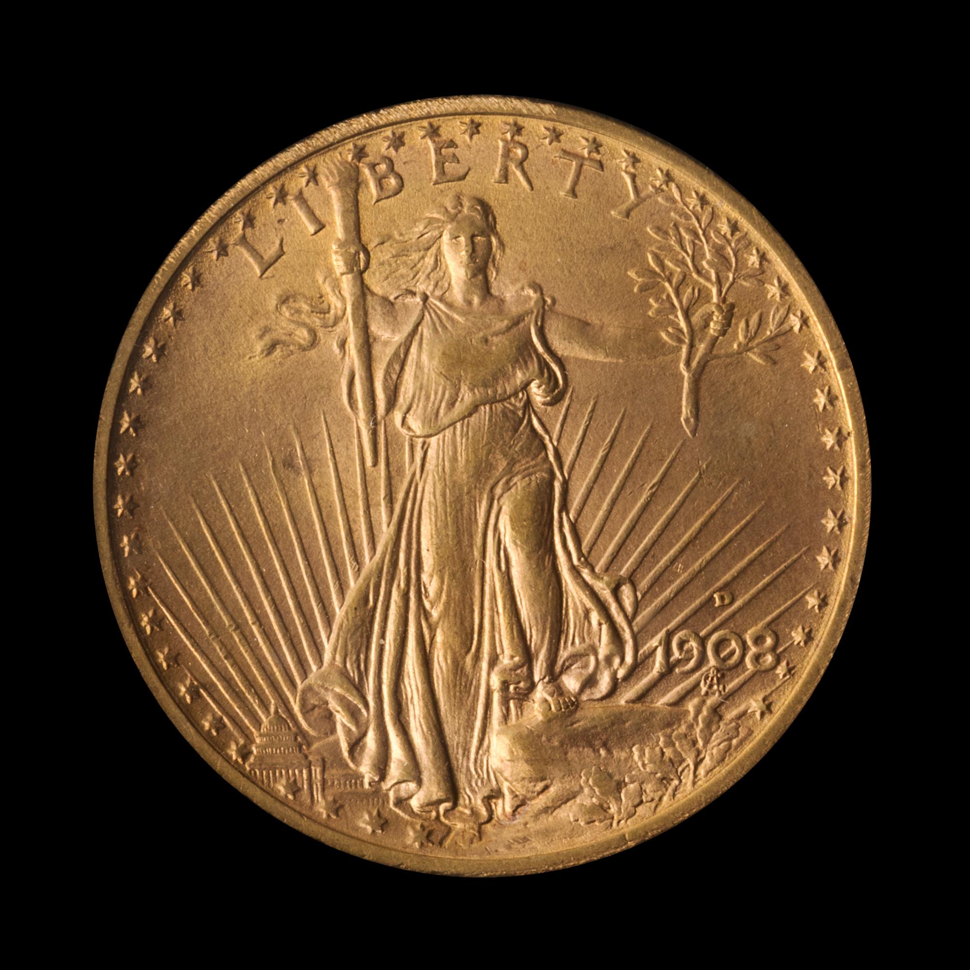 A United States 1908-D St. Gaudens: Motto $20 Gold Coin