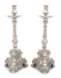 A Pair of English Silverplate Candlesticks Height 17 inches. — 19TH CENTURY
